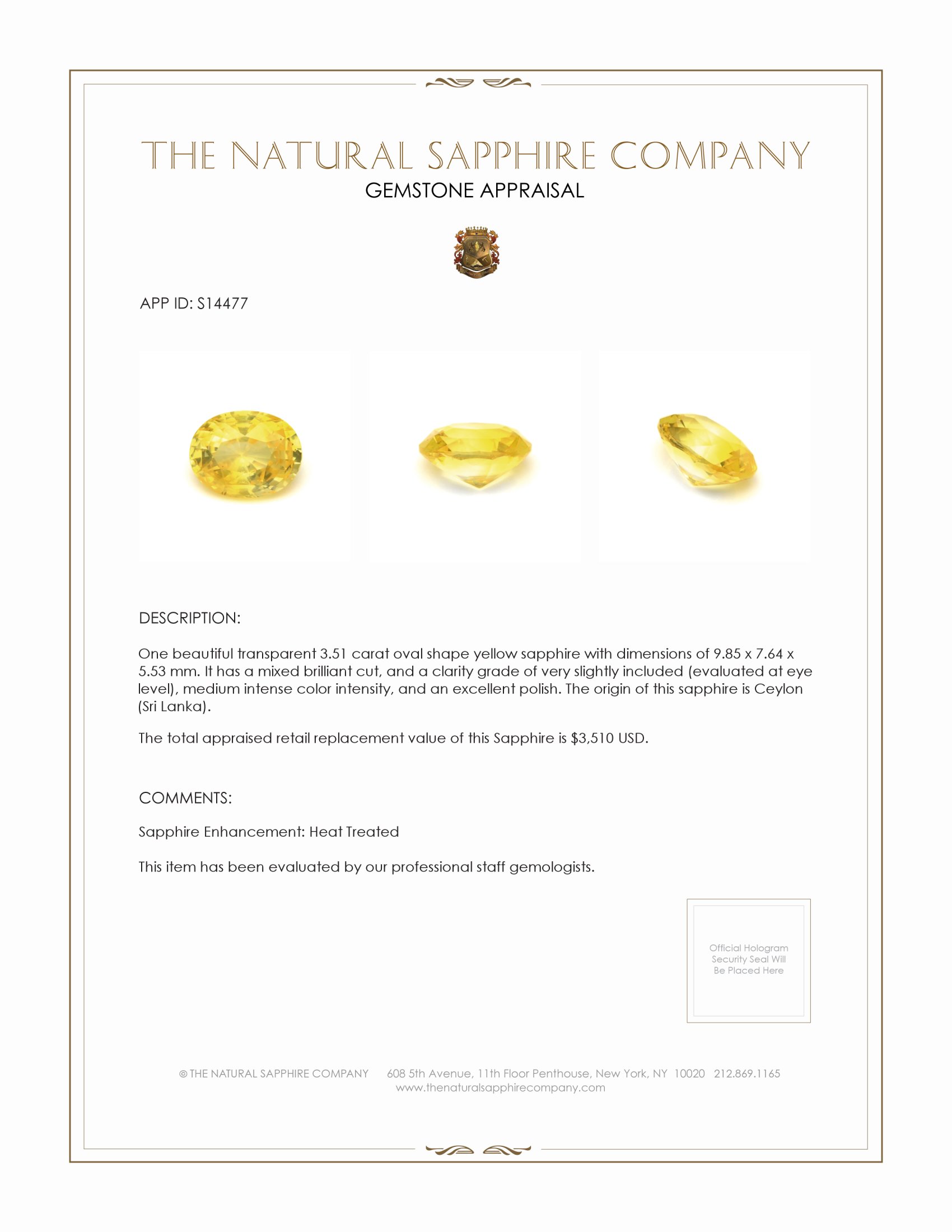 3.51 Ct. Yellow Sapphire from Ceylon (Sri Lanka)