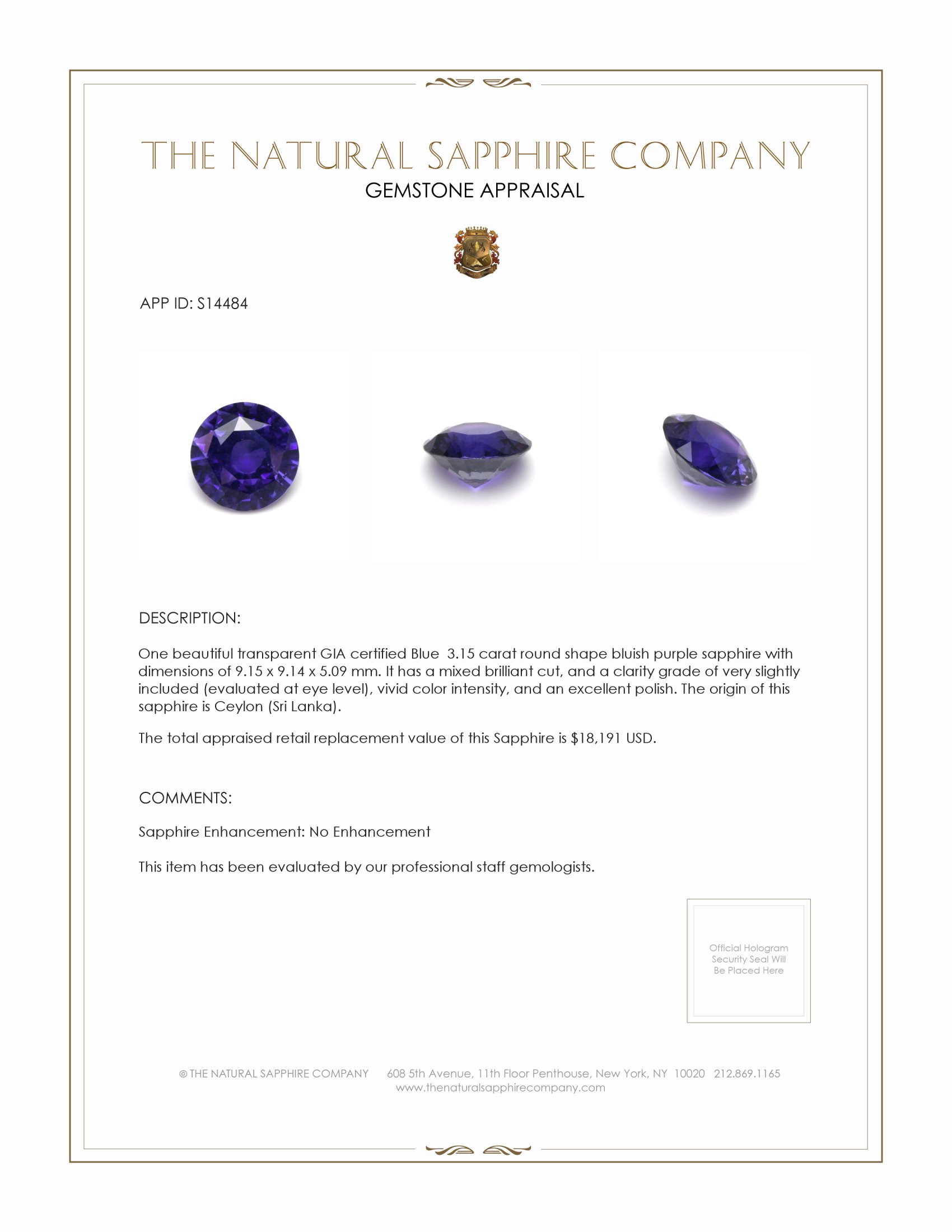3.15 Ct. Bluish Purple Sapphire from Ceylon (Sri Lanka)