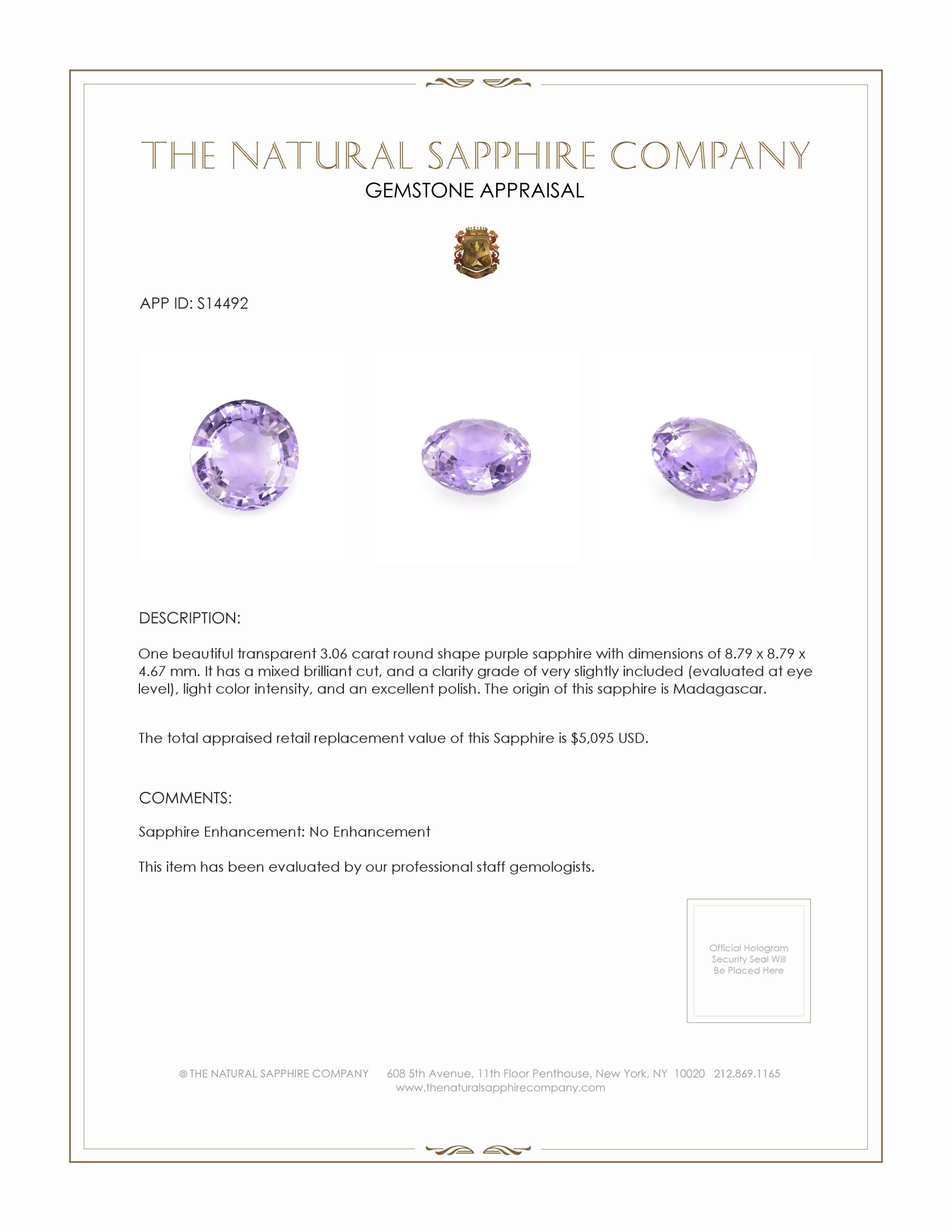 3.06 Ct. Purple Sapphire from Madagascar