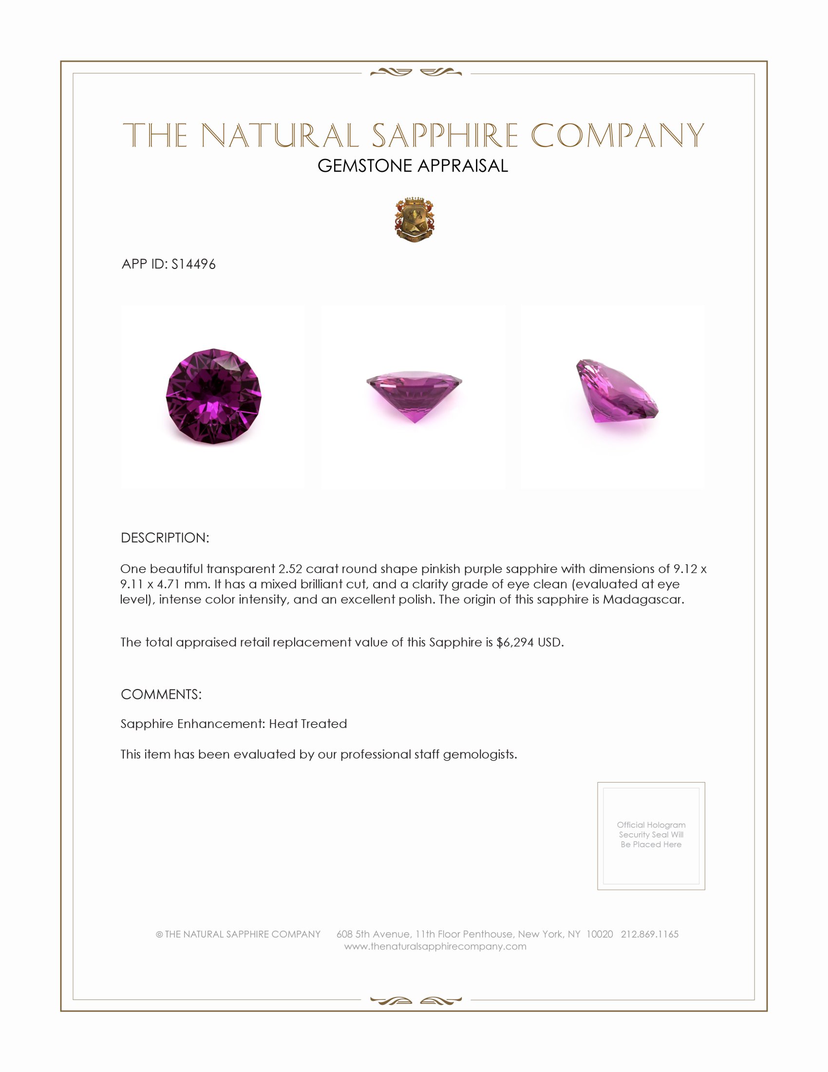 2.52 Ct. Pinkish Purple Sapphire from Madagascar