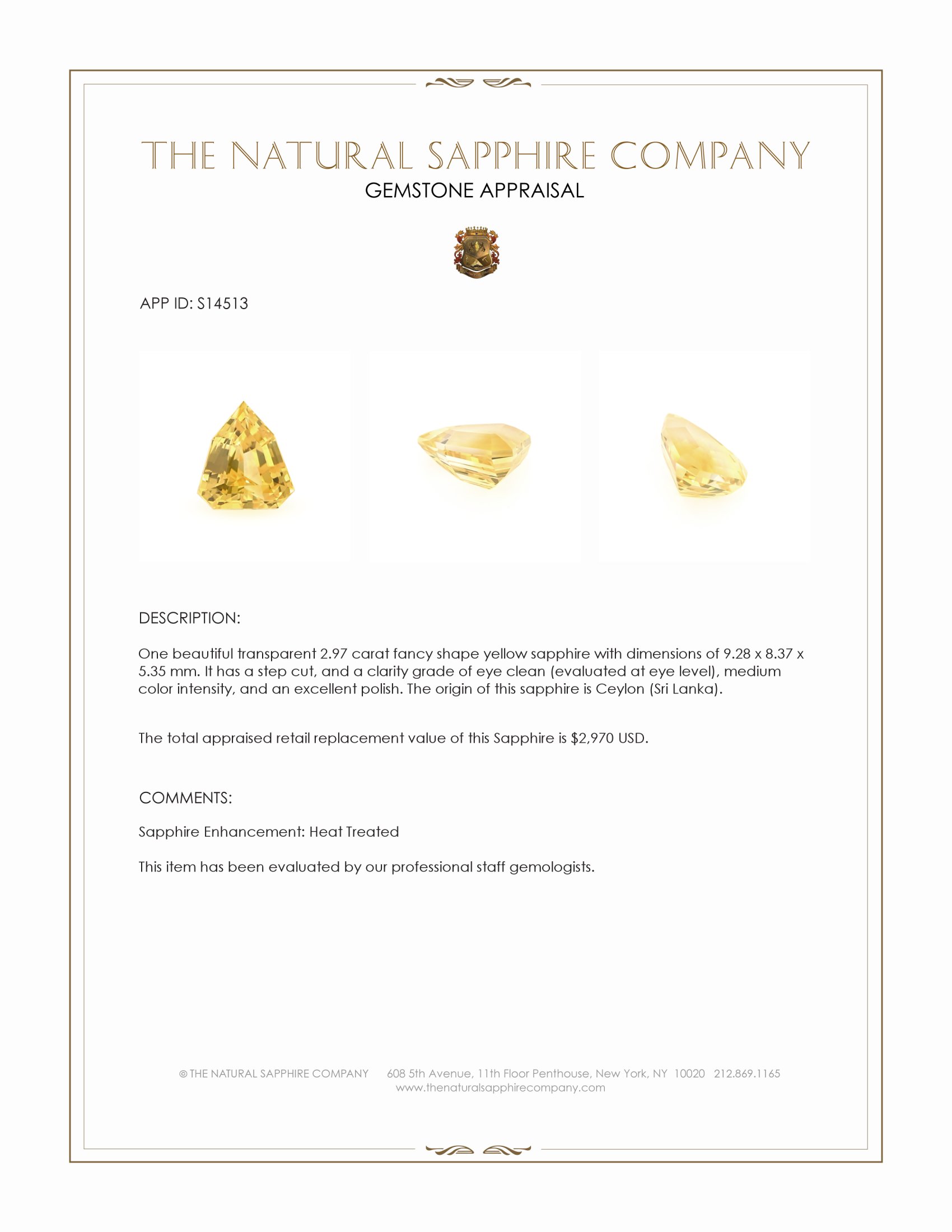 2.97 Ct. Yellow Sapphire from Ceylon (Sri Lanka)