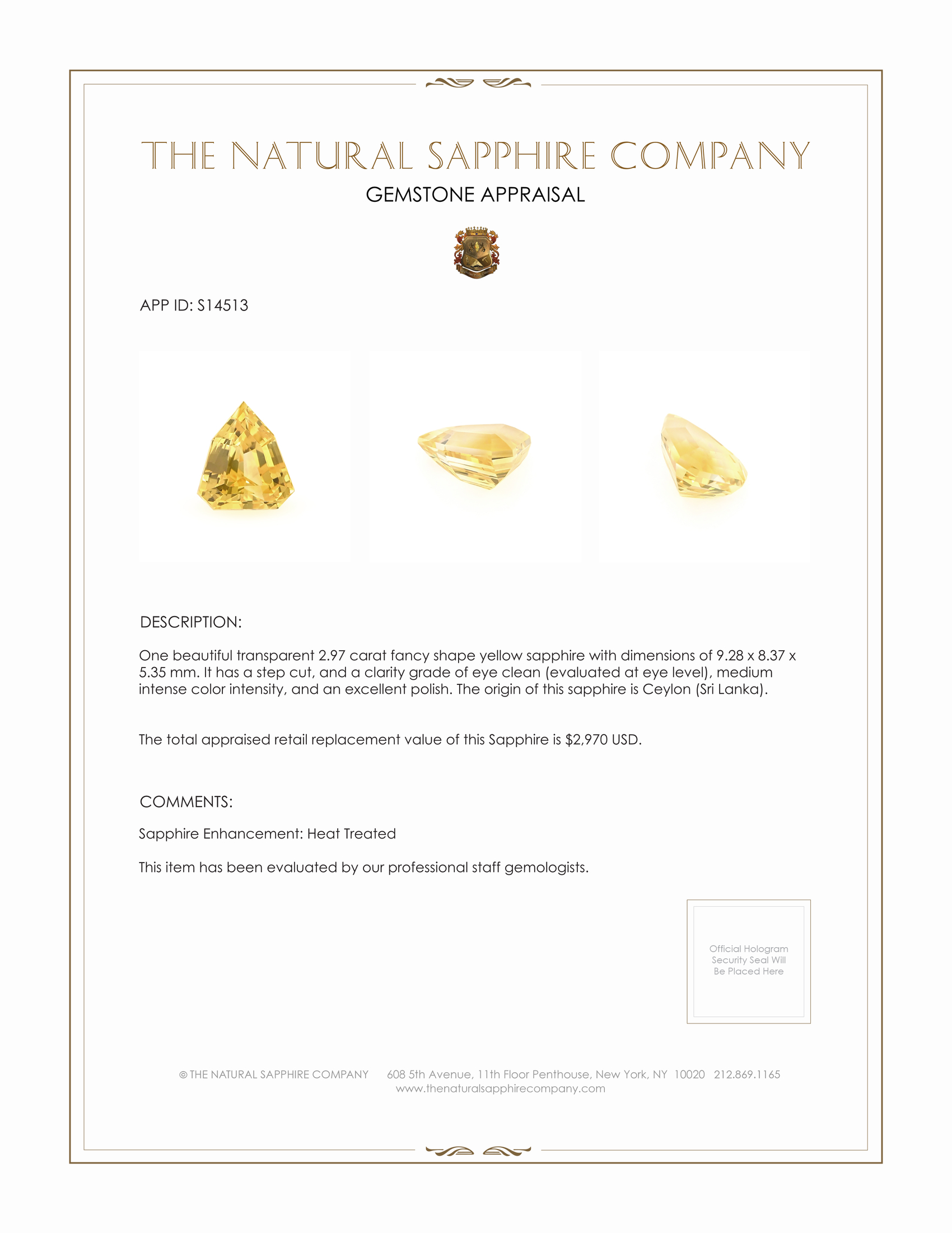 2.97 Ct. Yellow Sapphire from Ceylon (Sri Lanka)