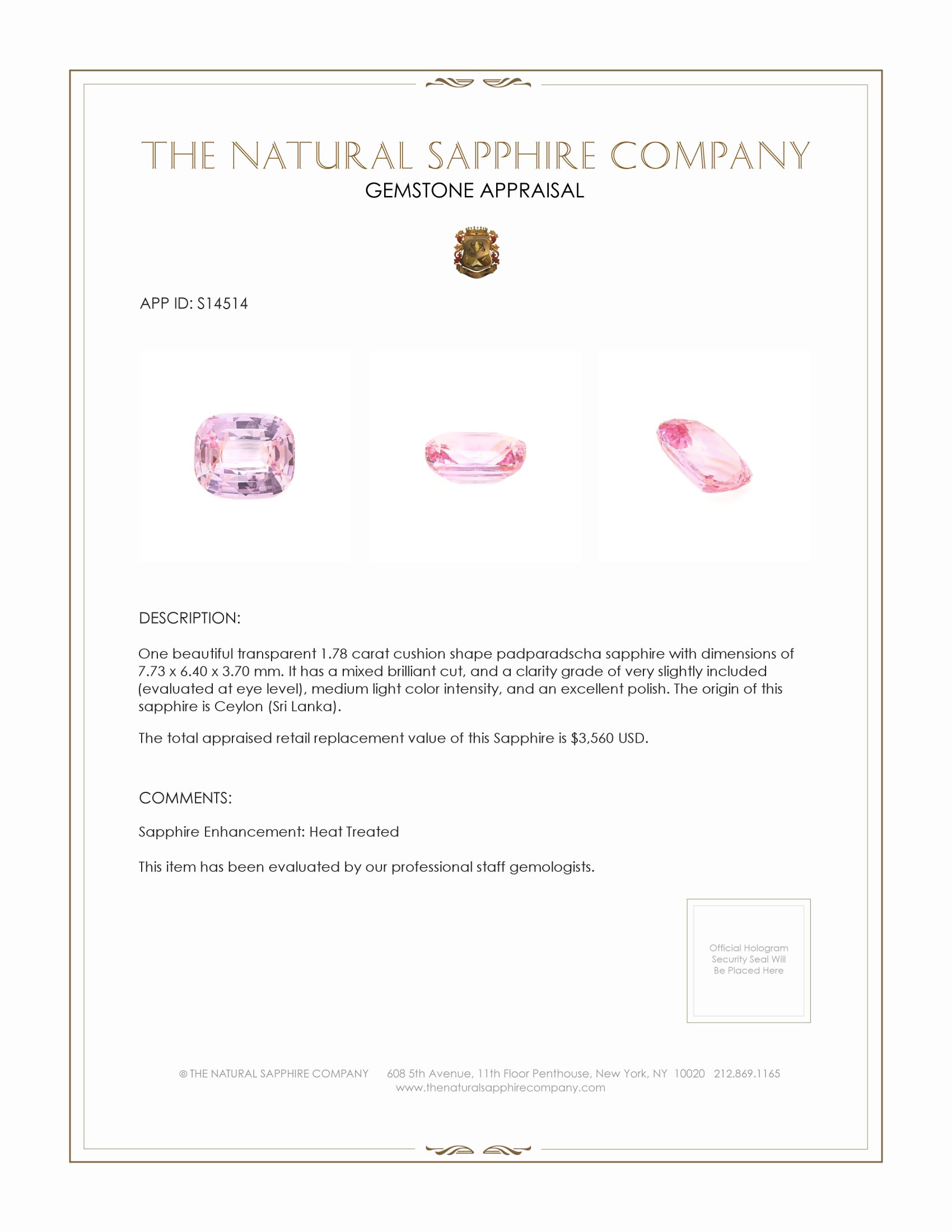 1.78 Ct. Padparadscha Sapphire from Ceylon (Sri Lanka)