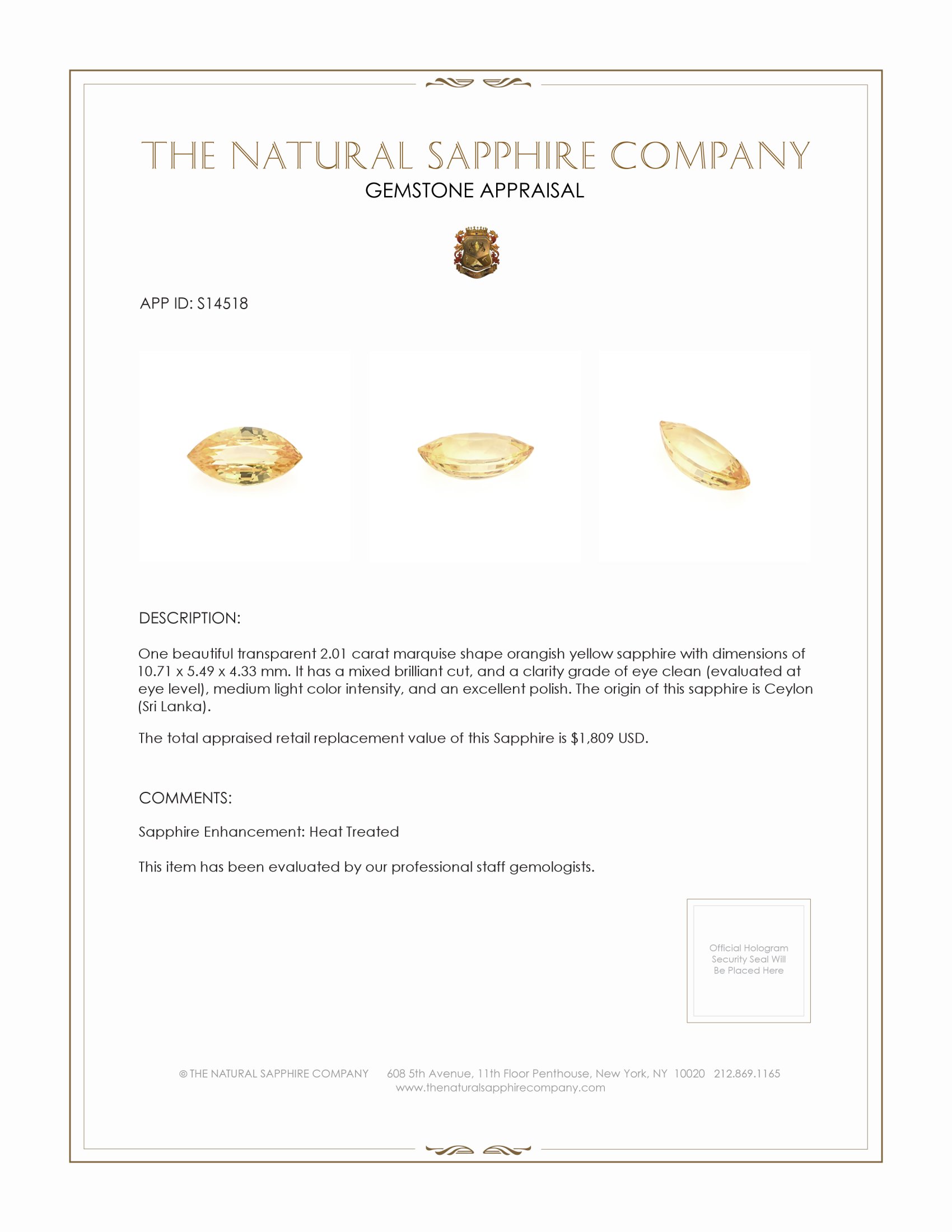 2.01 Ct. Orangish Yellow Sapphire from Ceylon (Sri Lanka)