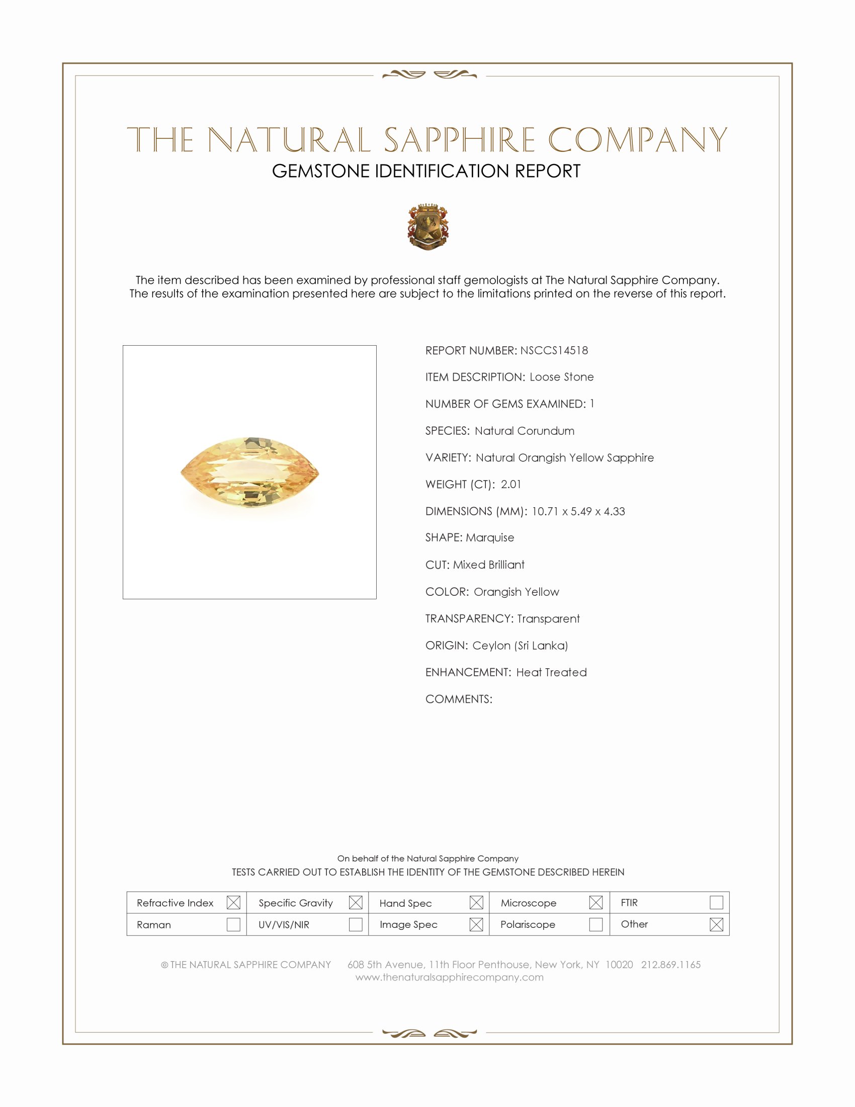 2.01 Ct. Orangish Yellow Sapphire from Ceylon (Sri Lanka)