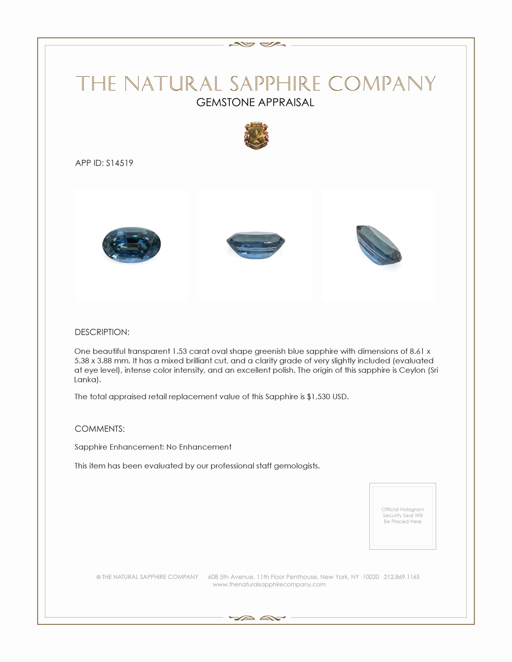 1.53 Ct. Greenish Blue Sapphire from Ceylon (Sri Lanka)