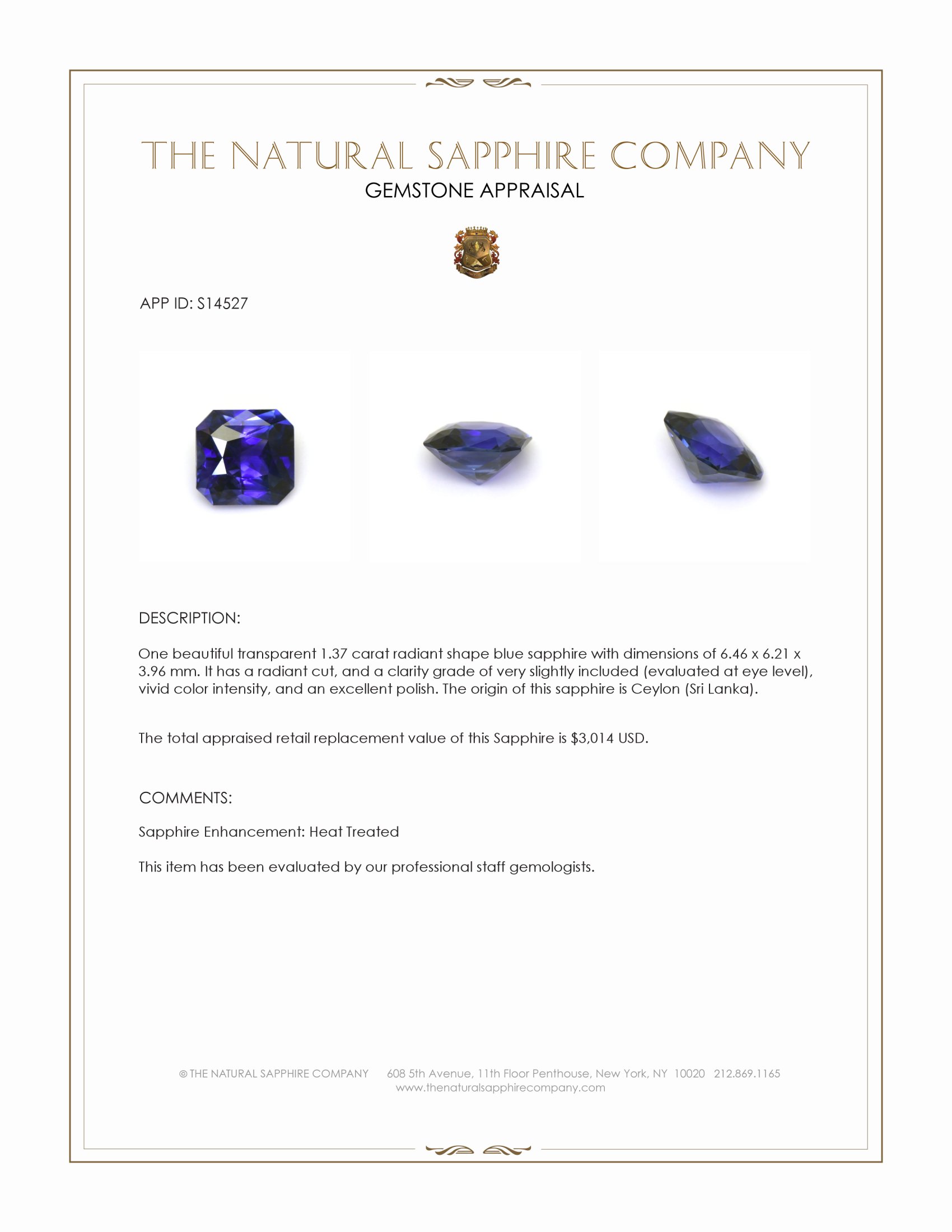 1.37 Ct. Blue Sapphire from Ceylon (Sri Lanka)