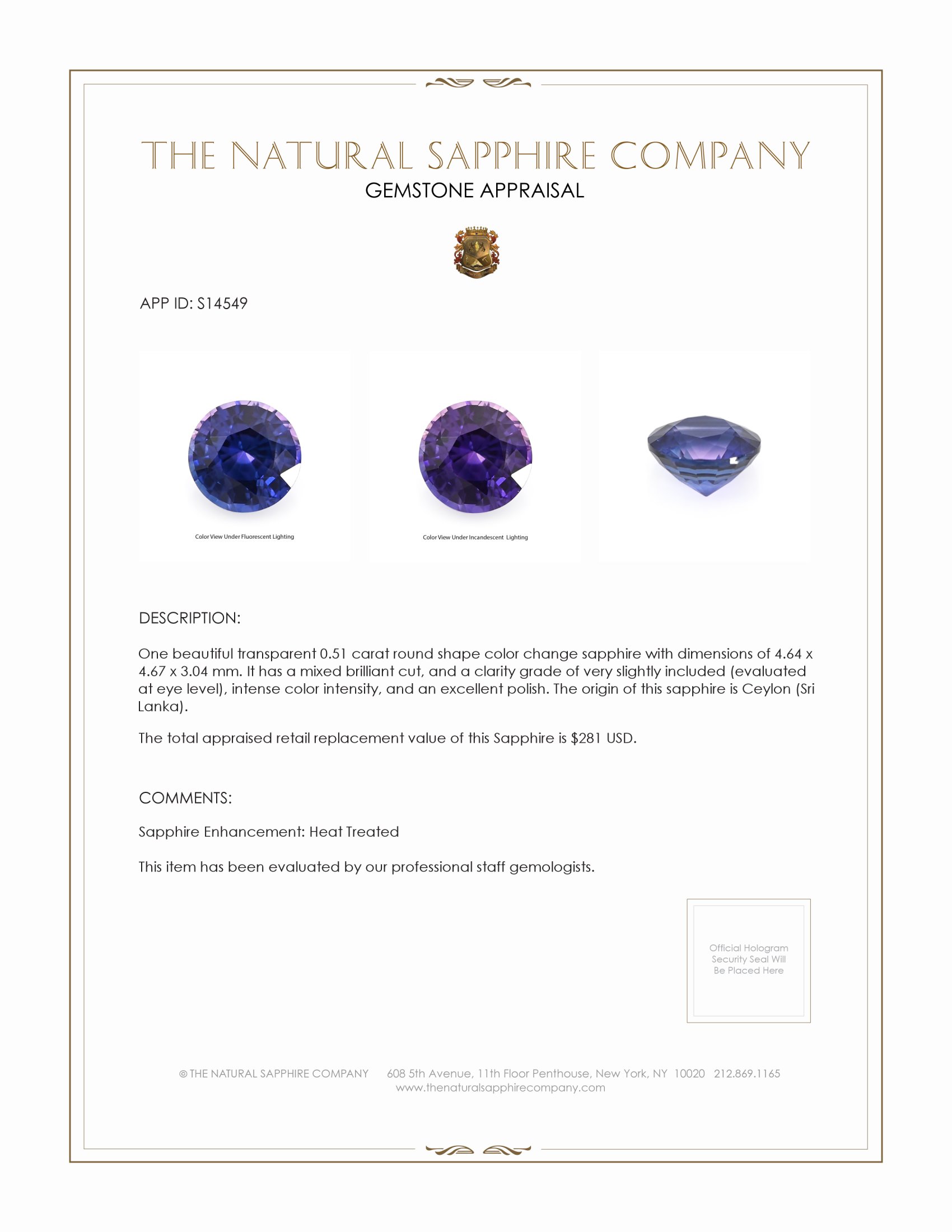 0.51 Ct. Color Change Sapphire from Ceylon (Sri Lanka)