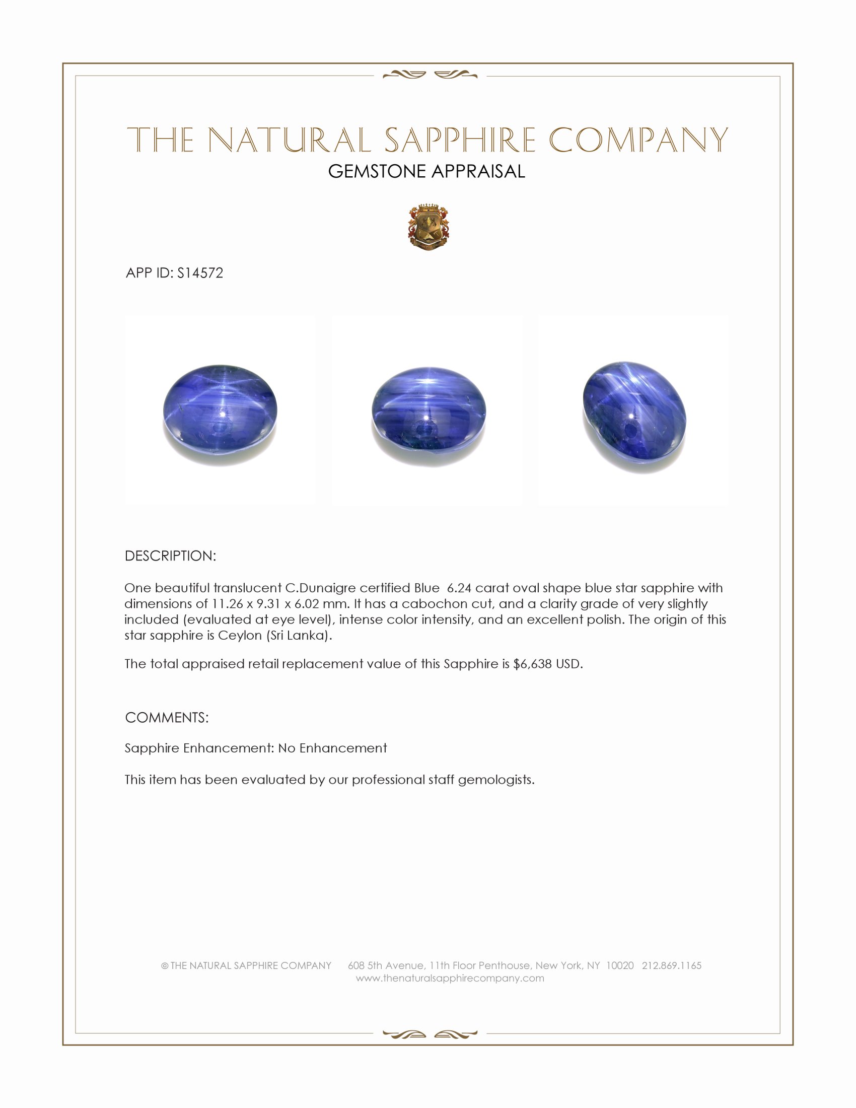 6.24 Ct. Blue Star Sapphire from Ceylon (Sri Lanka)