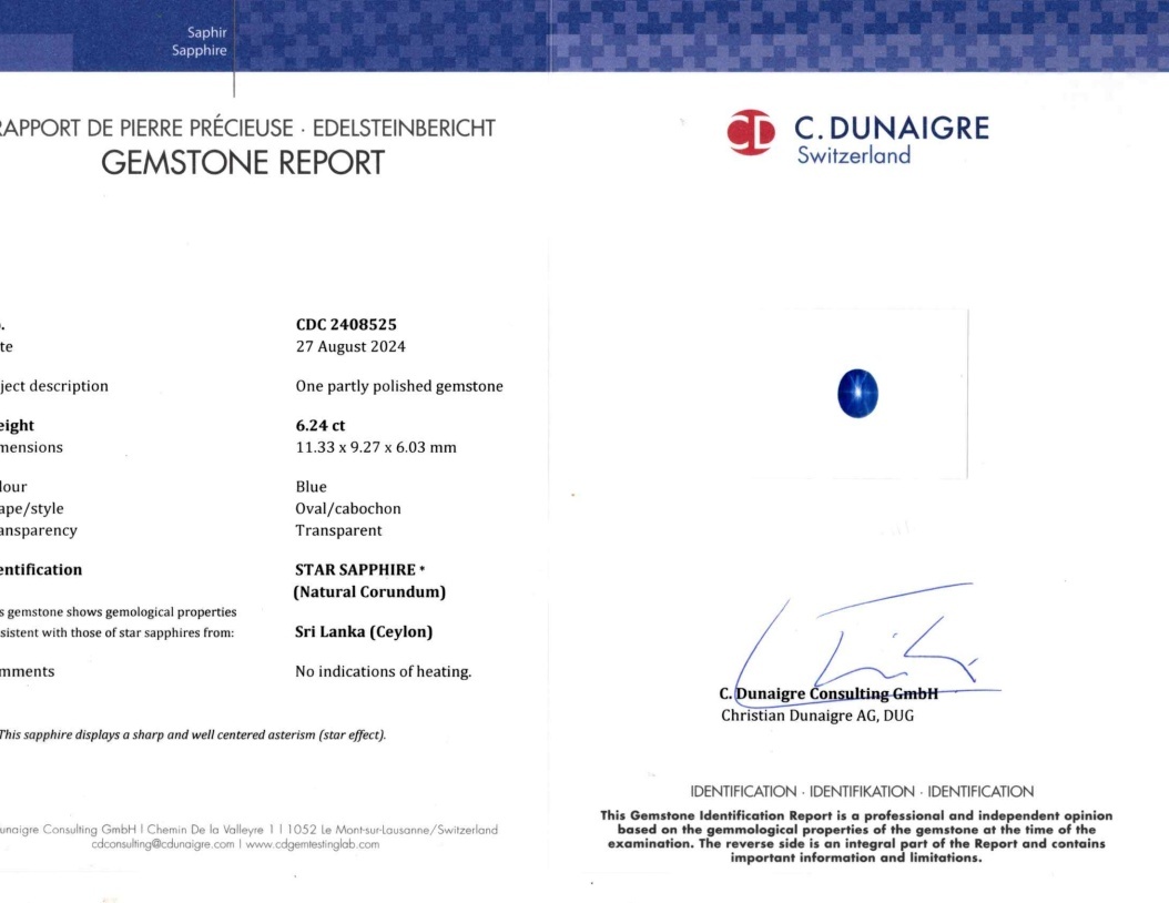 6.24 Ct. Blue Star Sapphire from Ceylon (Sri Lanka)