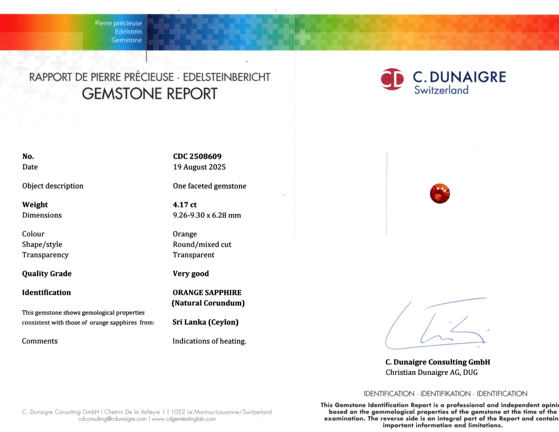 4.17 Ct. Orange Sapphire from Ceylon (Sri Lanka)