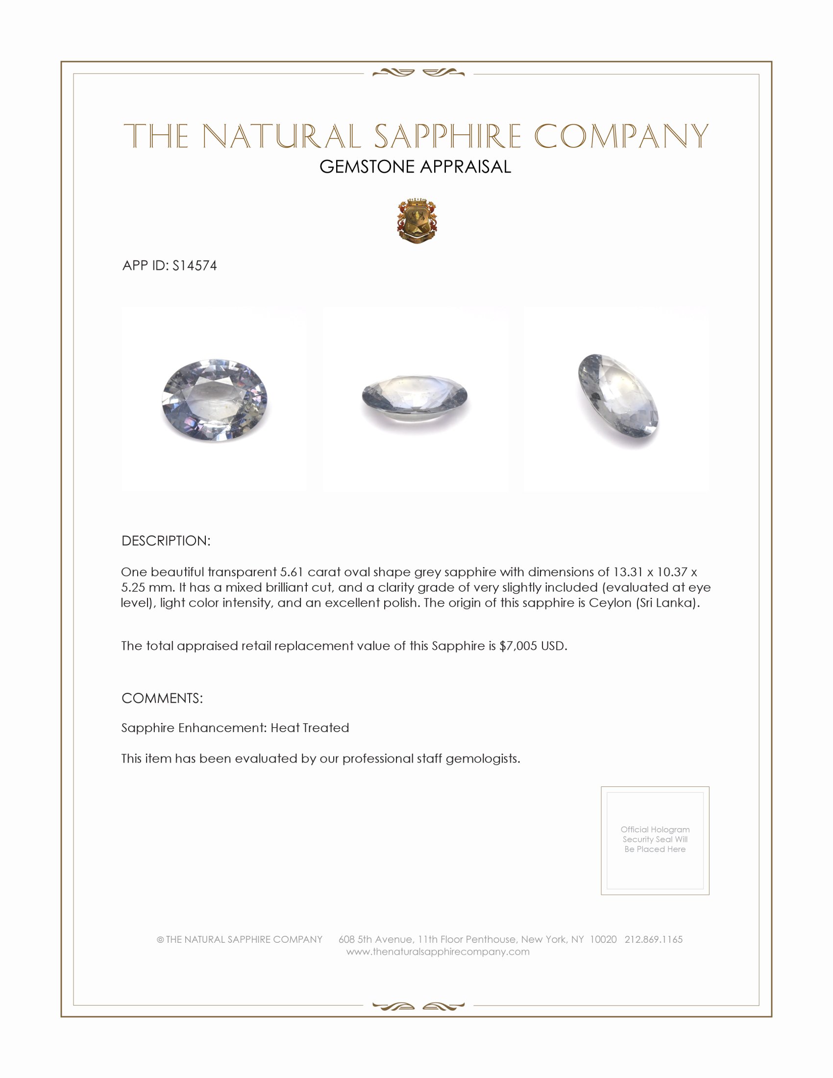5.61 Ct. Grey Sapphire from Ceylon (Sri Lanka)