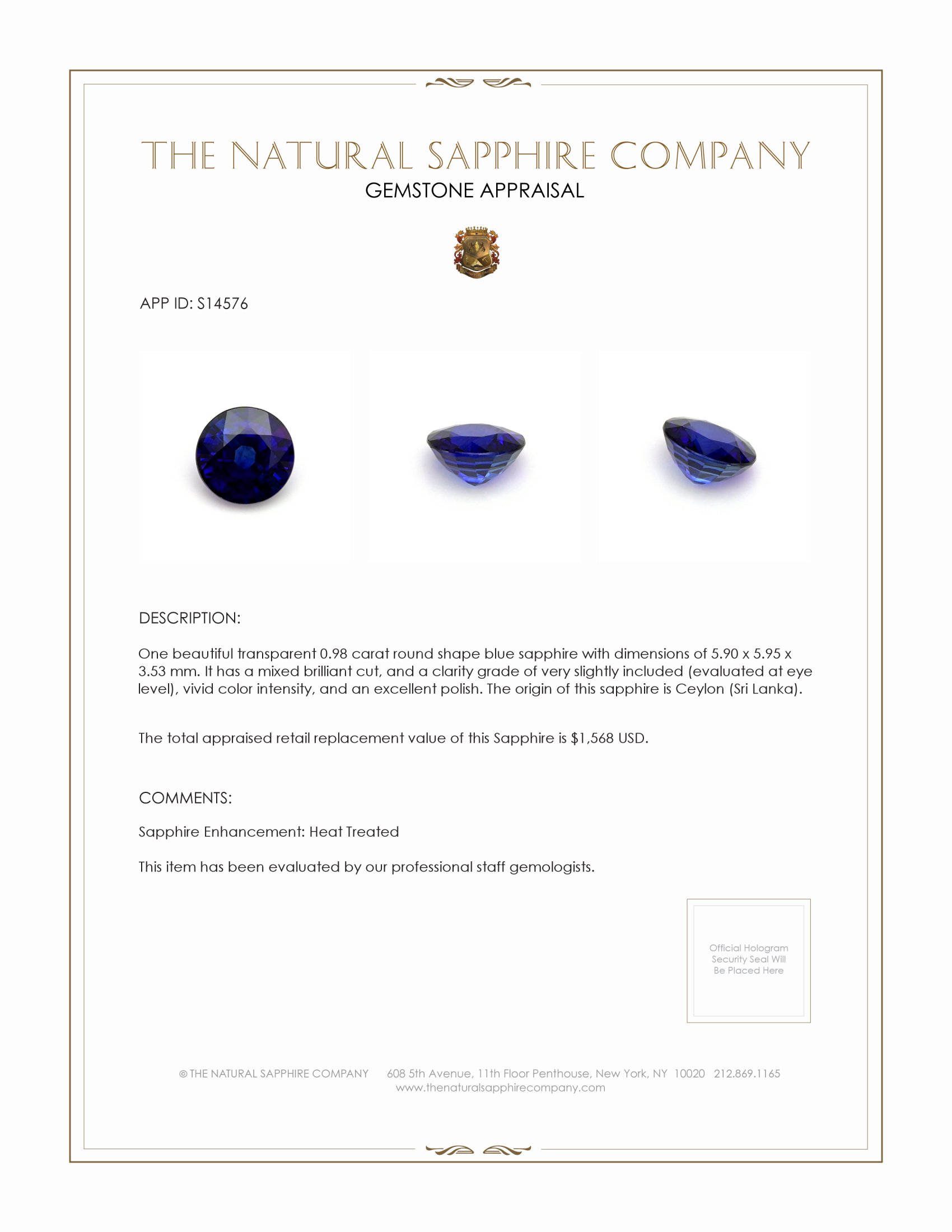 0.98 Ct. Blue Sapphire from Ceylon (Sri Lanka)