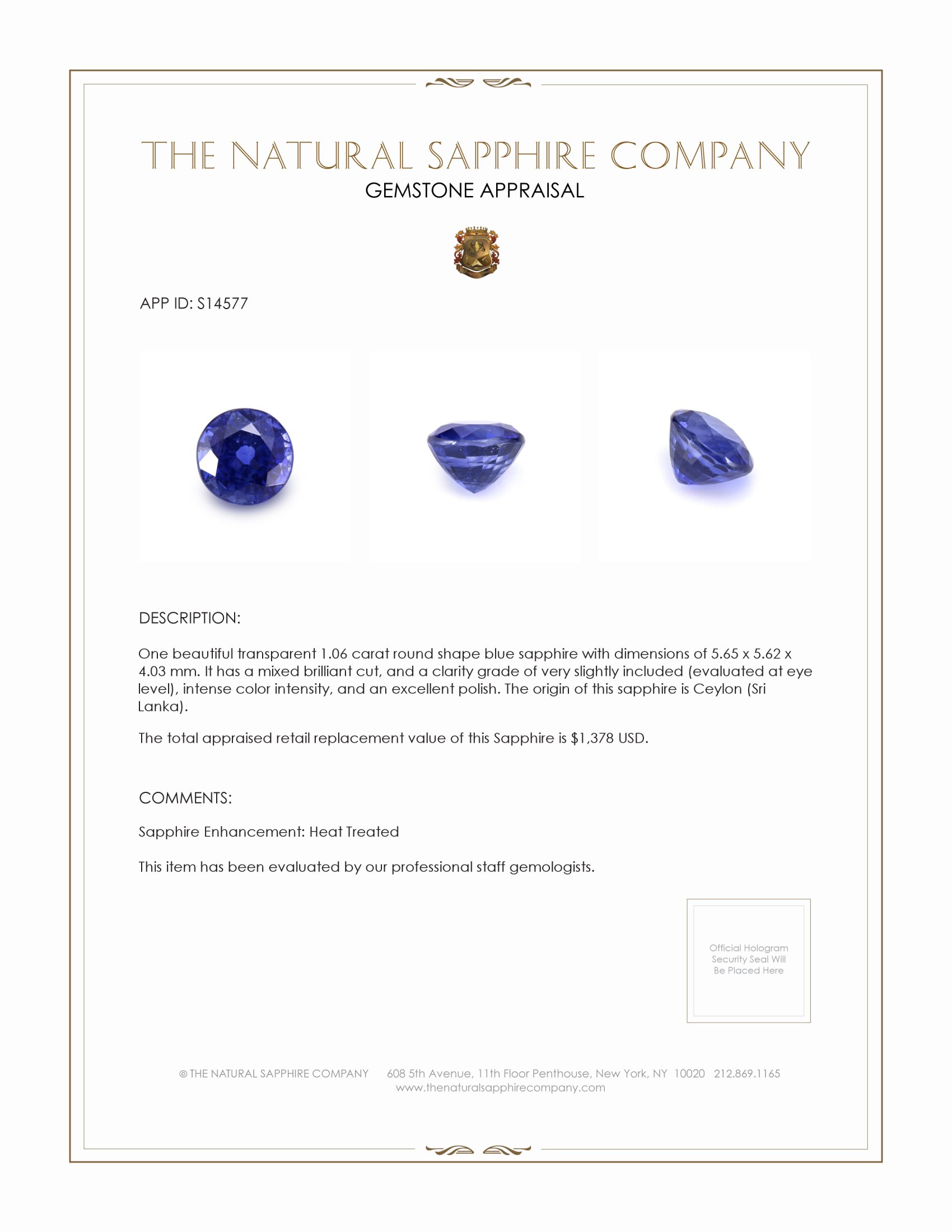 1.06 Ct. Blue Sapphire from Ceylon (Sri Lanka)