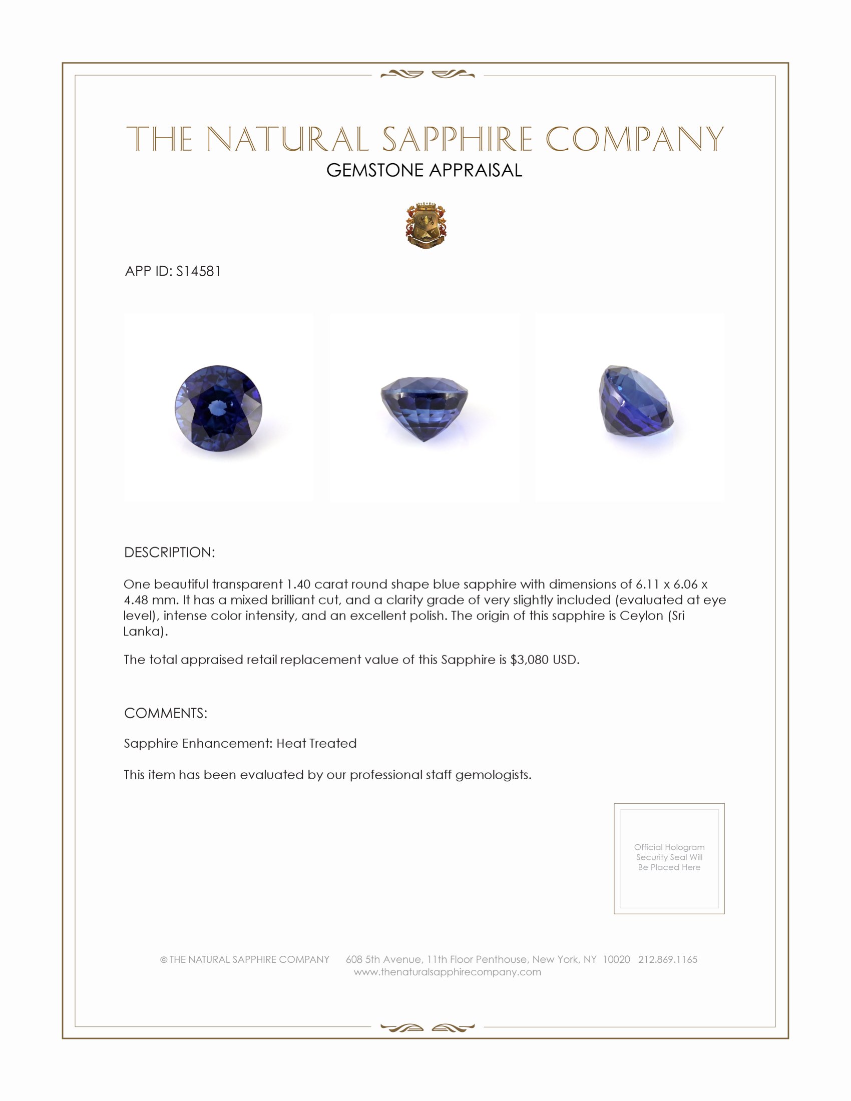 1.40 Ct. Blue Sapphire from Ceylon (Sri Lanka)
