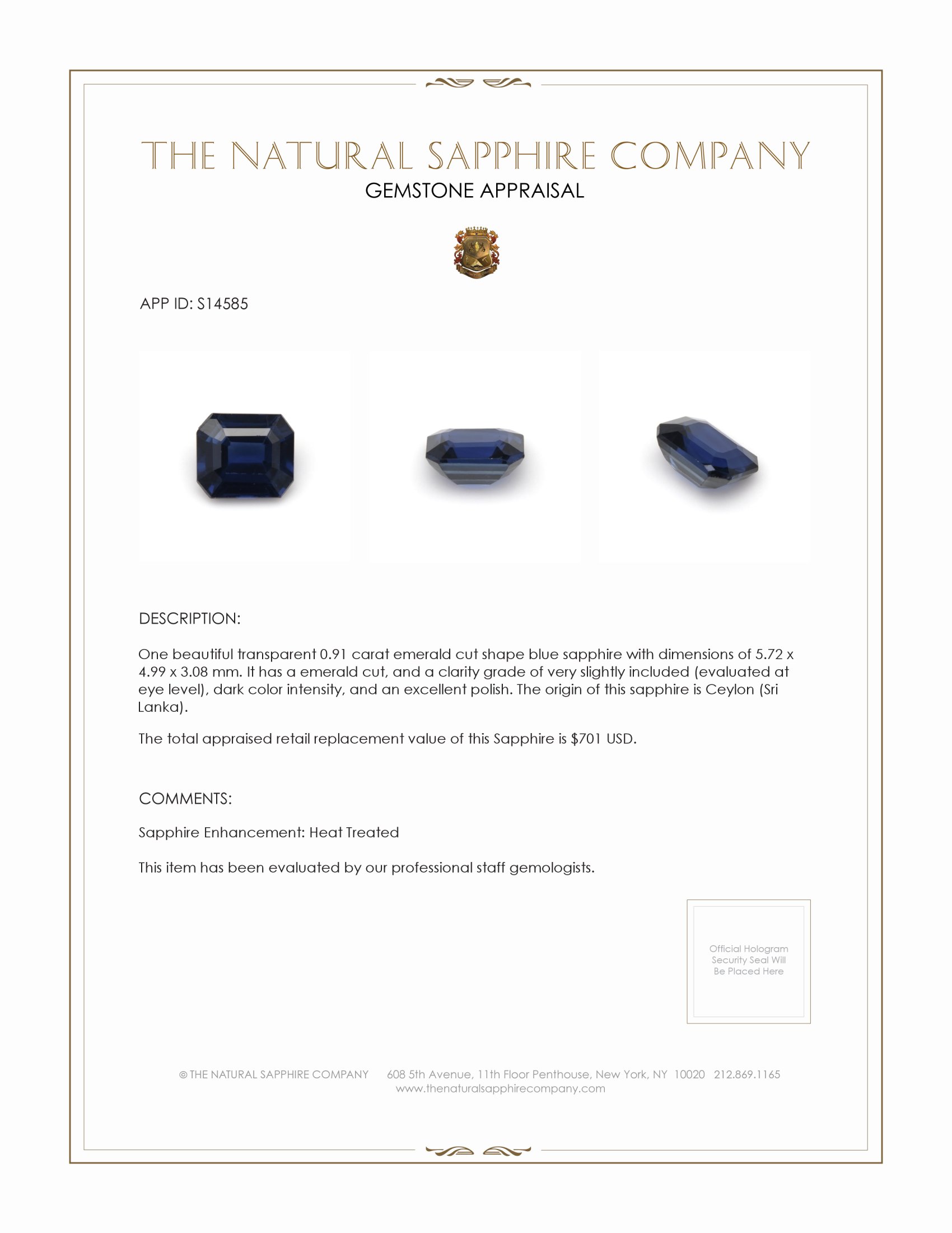 0.91 Ct. Blue Sapphire from Ceylon (Sri Lanka)