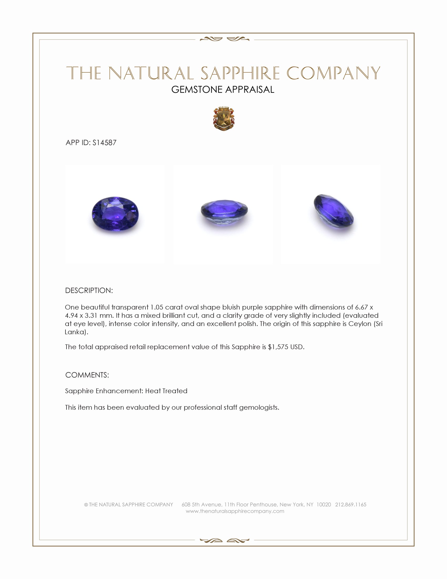 1.05 Ct. Bluish Purple Sapphire from Ceylon (Sri Lanka)
