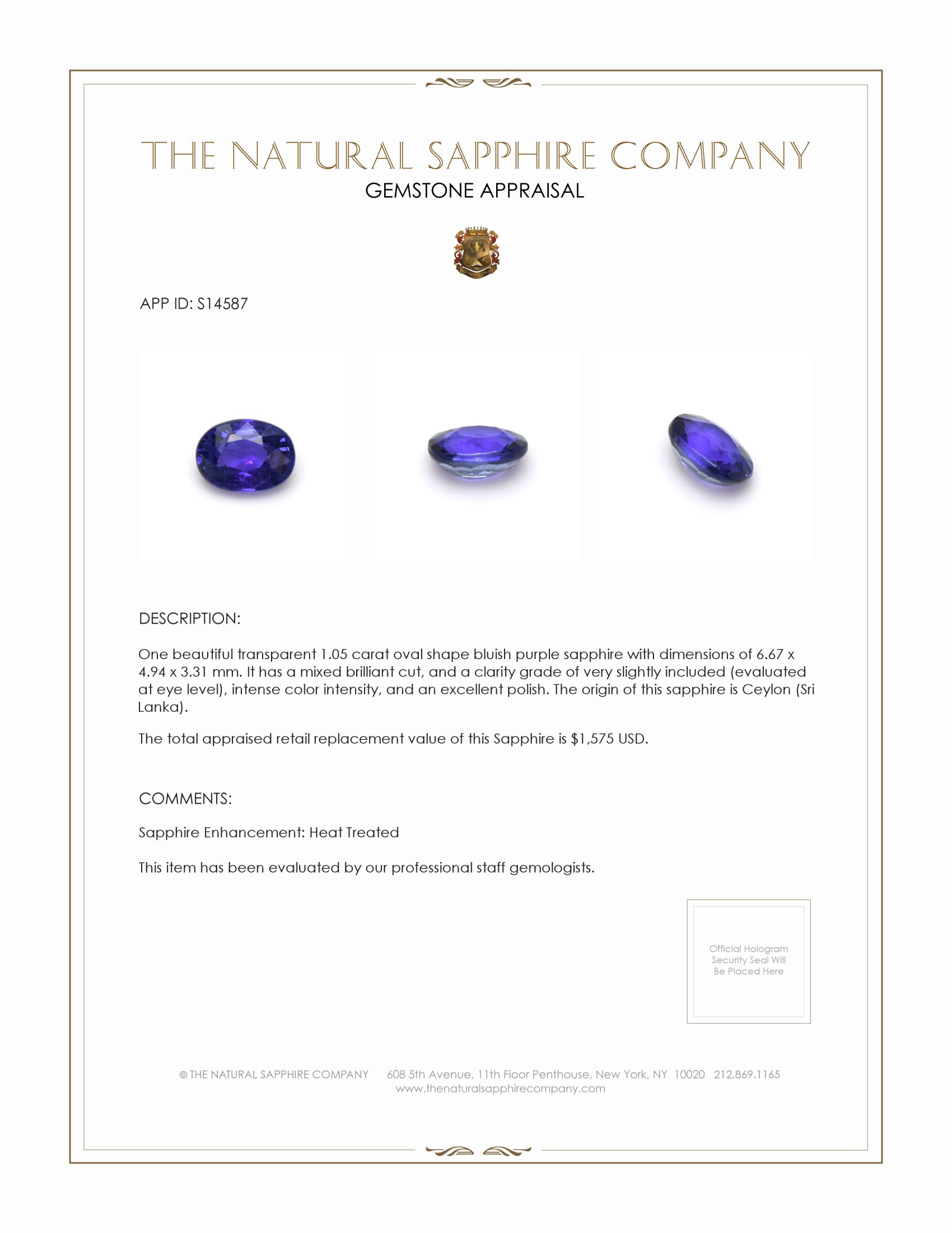 1.05 Ct. Bluish Purple Sapphire from Ceylon (Sri Lanka)