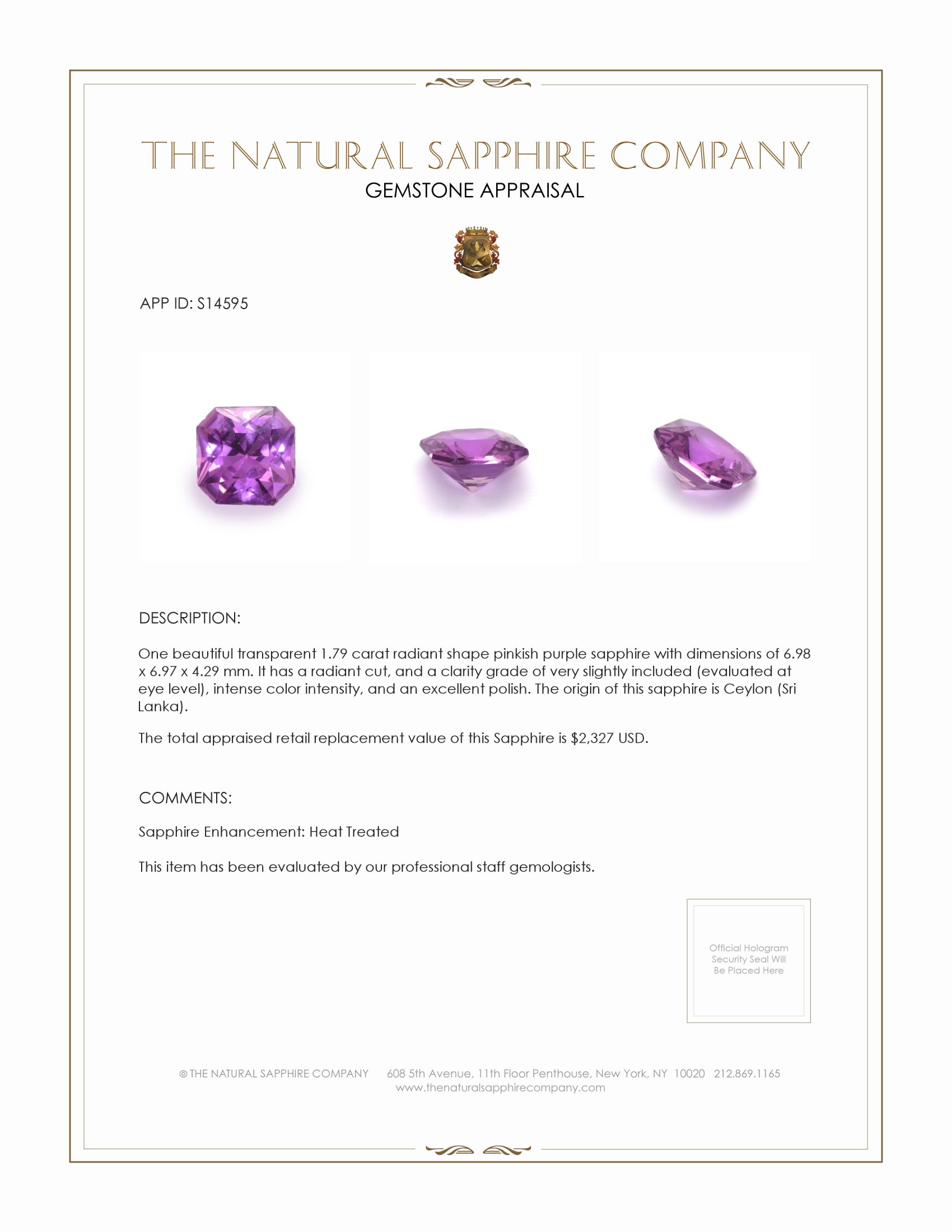 1.79 Ct. Pinkish Purple Sapphire from Ceylon (Sri Lanka)