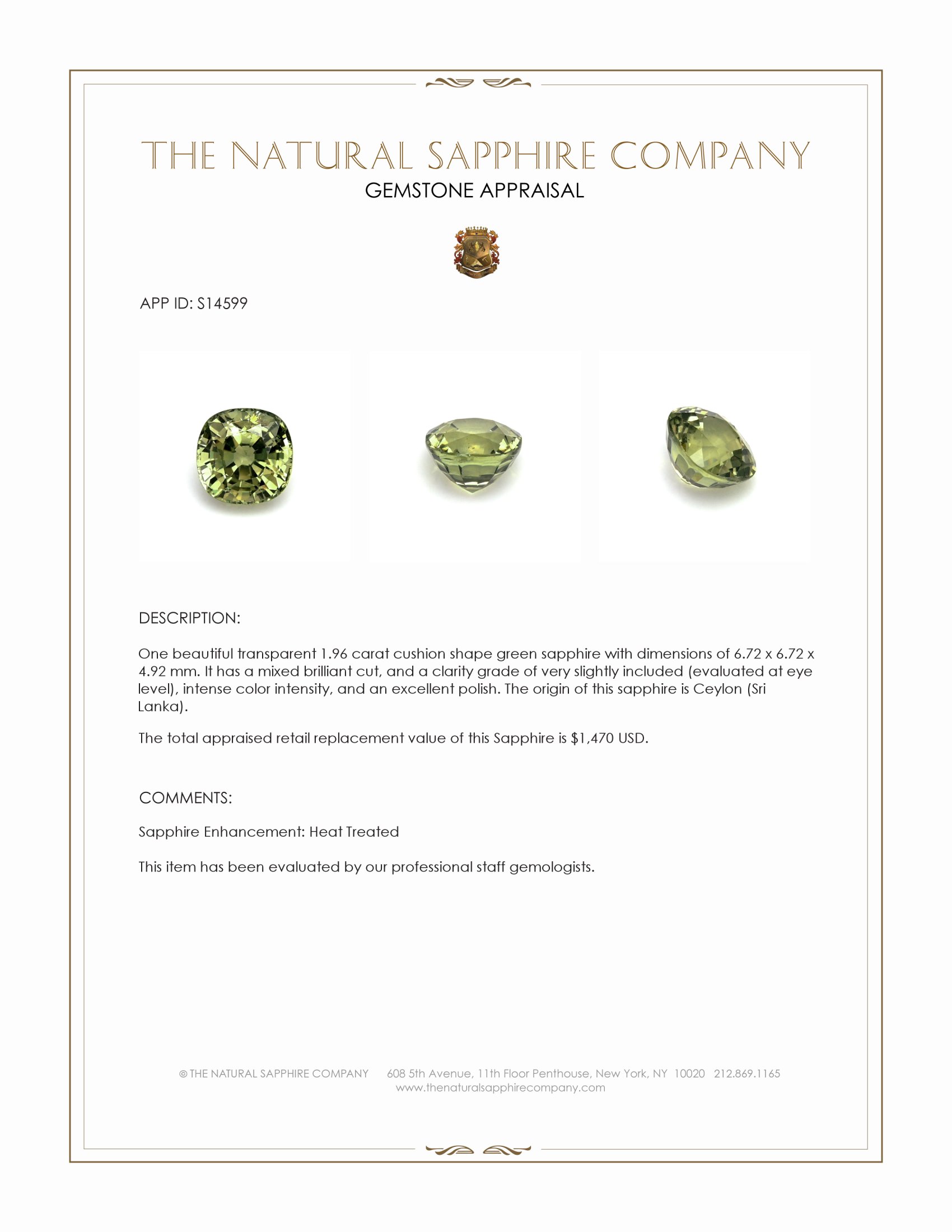 1.96 Ct. Green Sapphire from Ceylon (Sri Lanka)