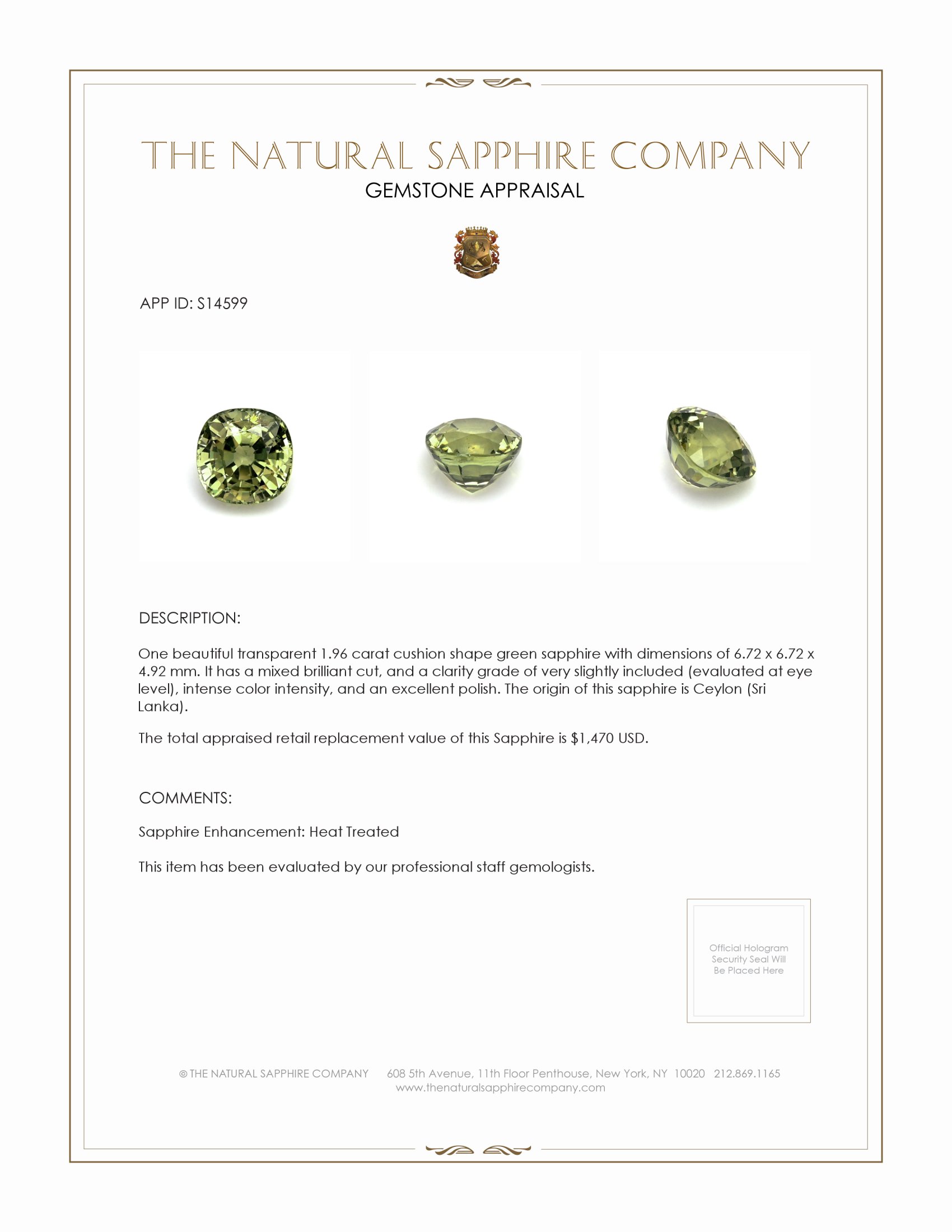1.96 Ct. Green Sapphire from Ceylon (Sri Lanka)