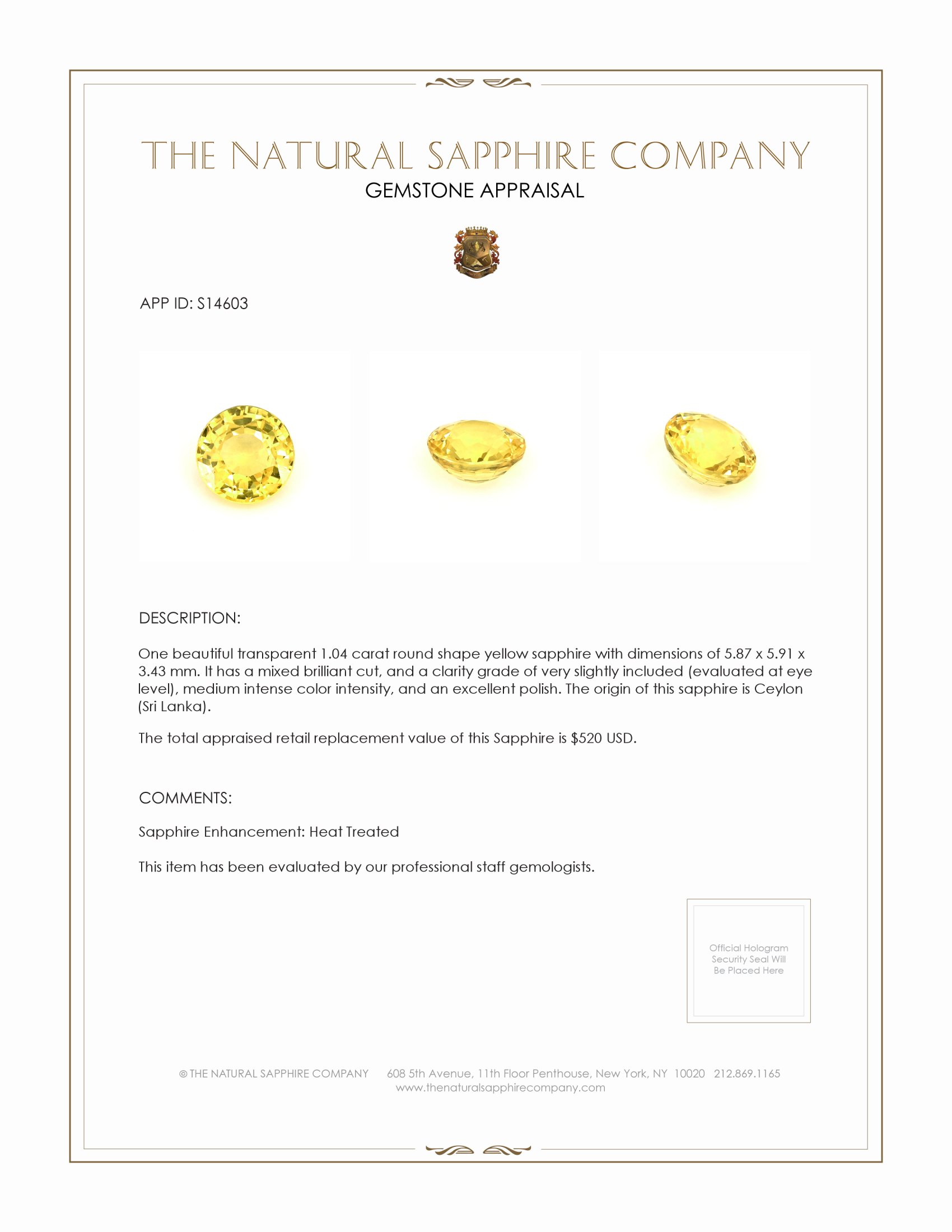 1.04 Ct. Yellow Sapphire from Ceylon (Sri Lanka)