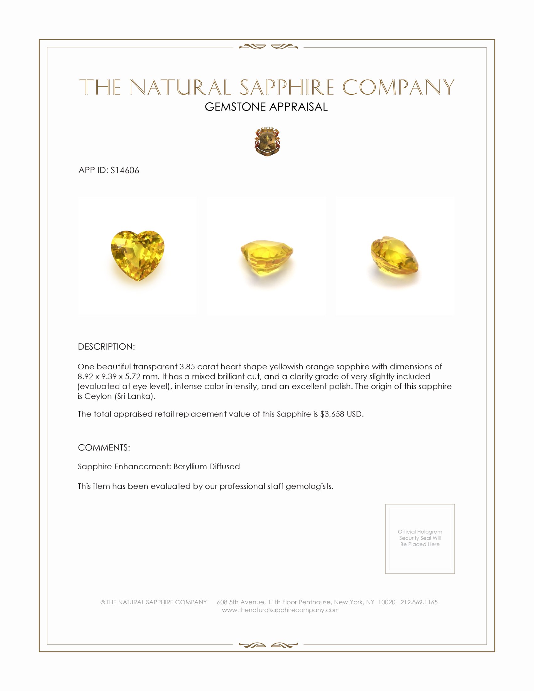 3.85 Ct. Yellowish Orange Sapphire from Ceylon (Sri Lanka)