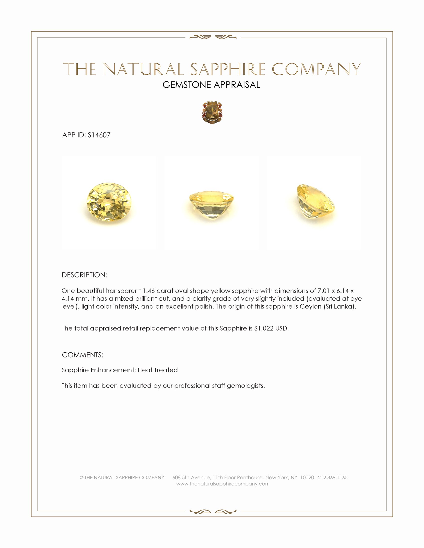 1.46 Ct. Yellow Sapphire from Ceylon (Sri Lanka)