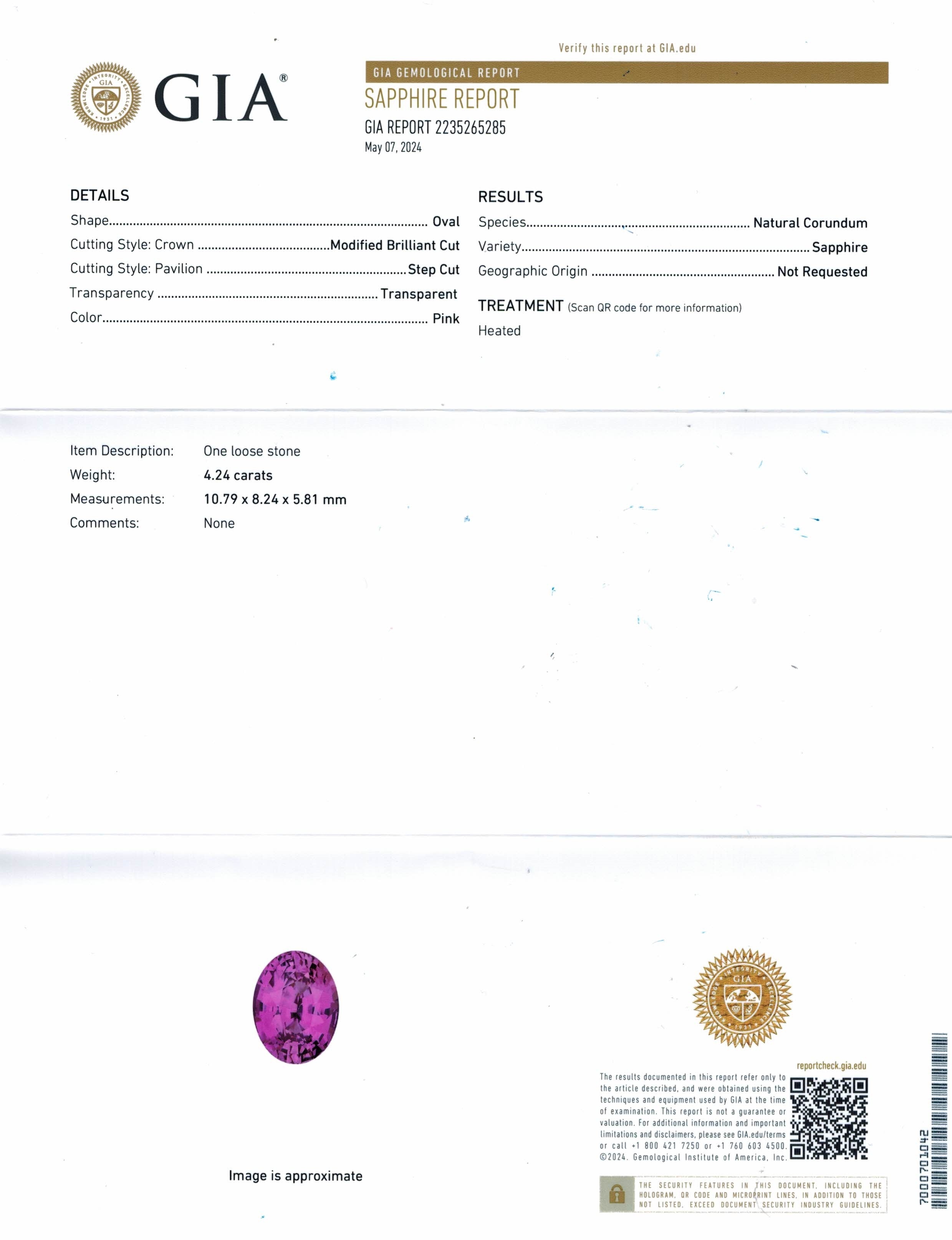 4.24 Ct. Pink Sapphire from Ceylon (Sri Lanka)