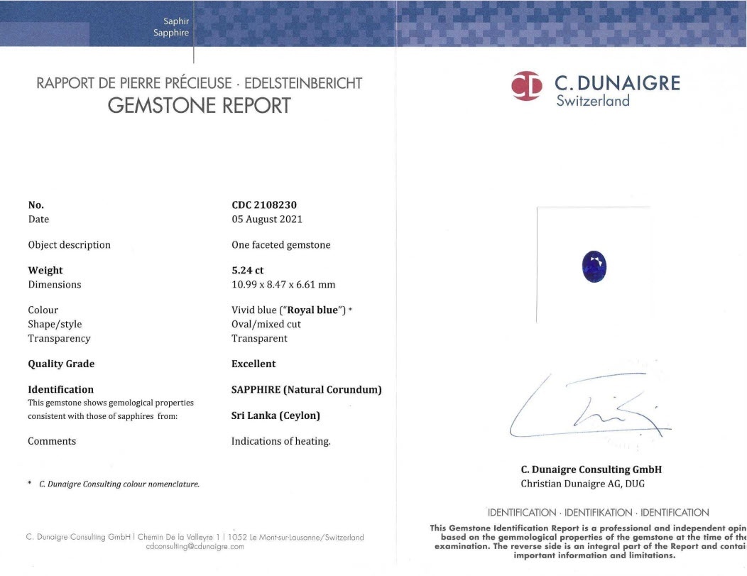5.24 Ct. Blue Sapphire from Ceylon (Sri Lanka)