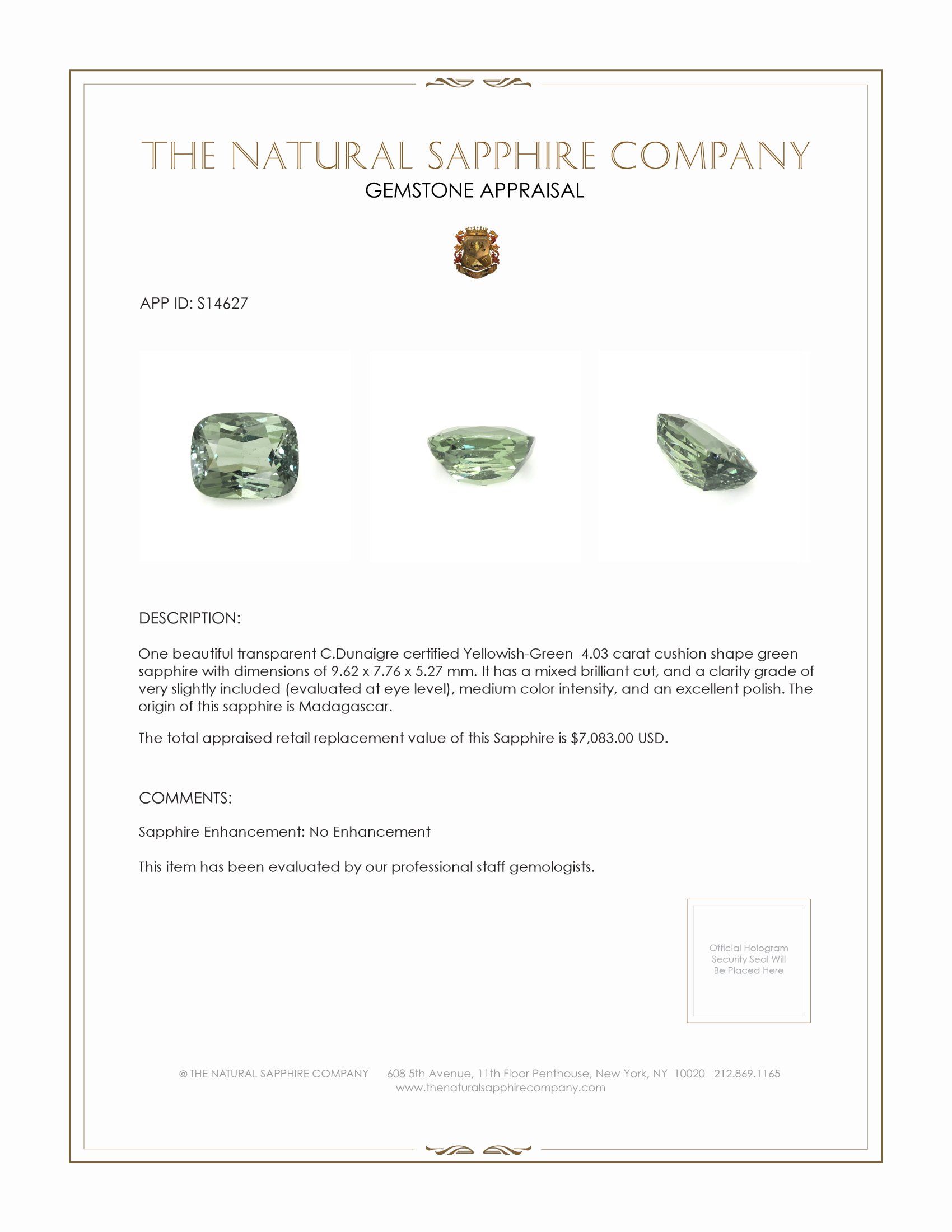 3.54 Ct. Green Sapphire from Madagascar