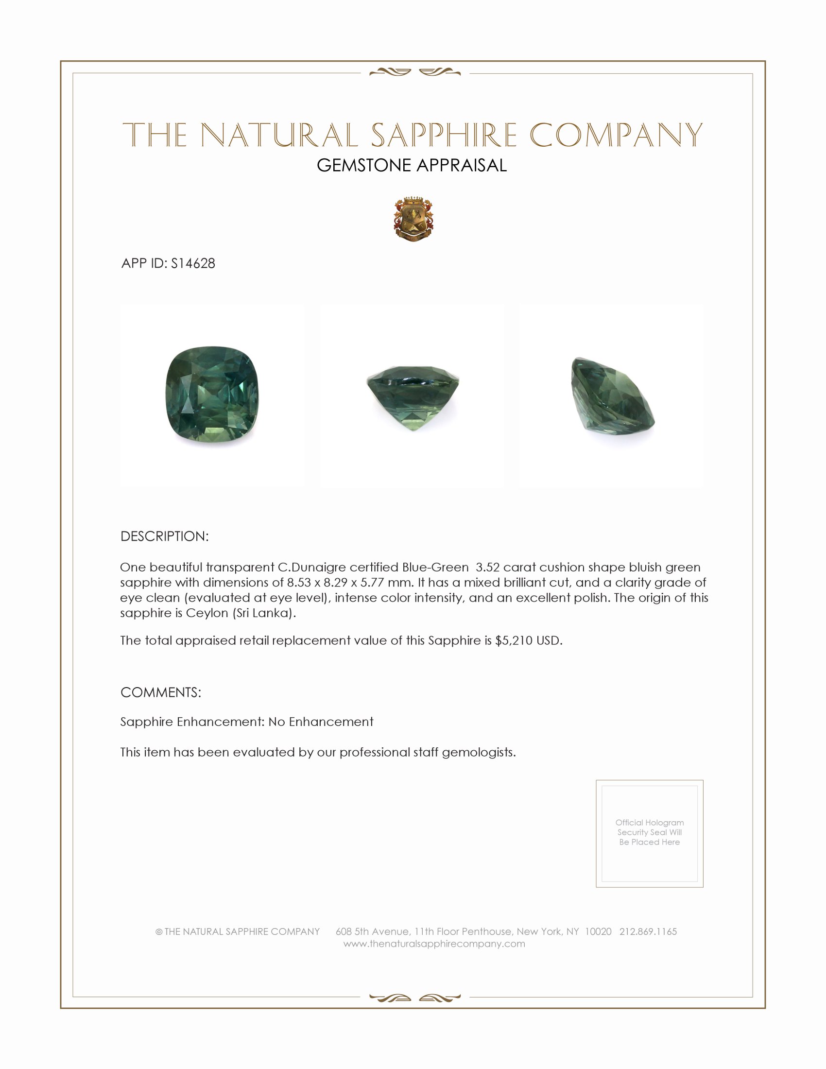 3.52 Ct. Bluish Green Sapphire from Ceylon (Sri Lanka)