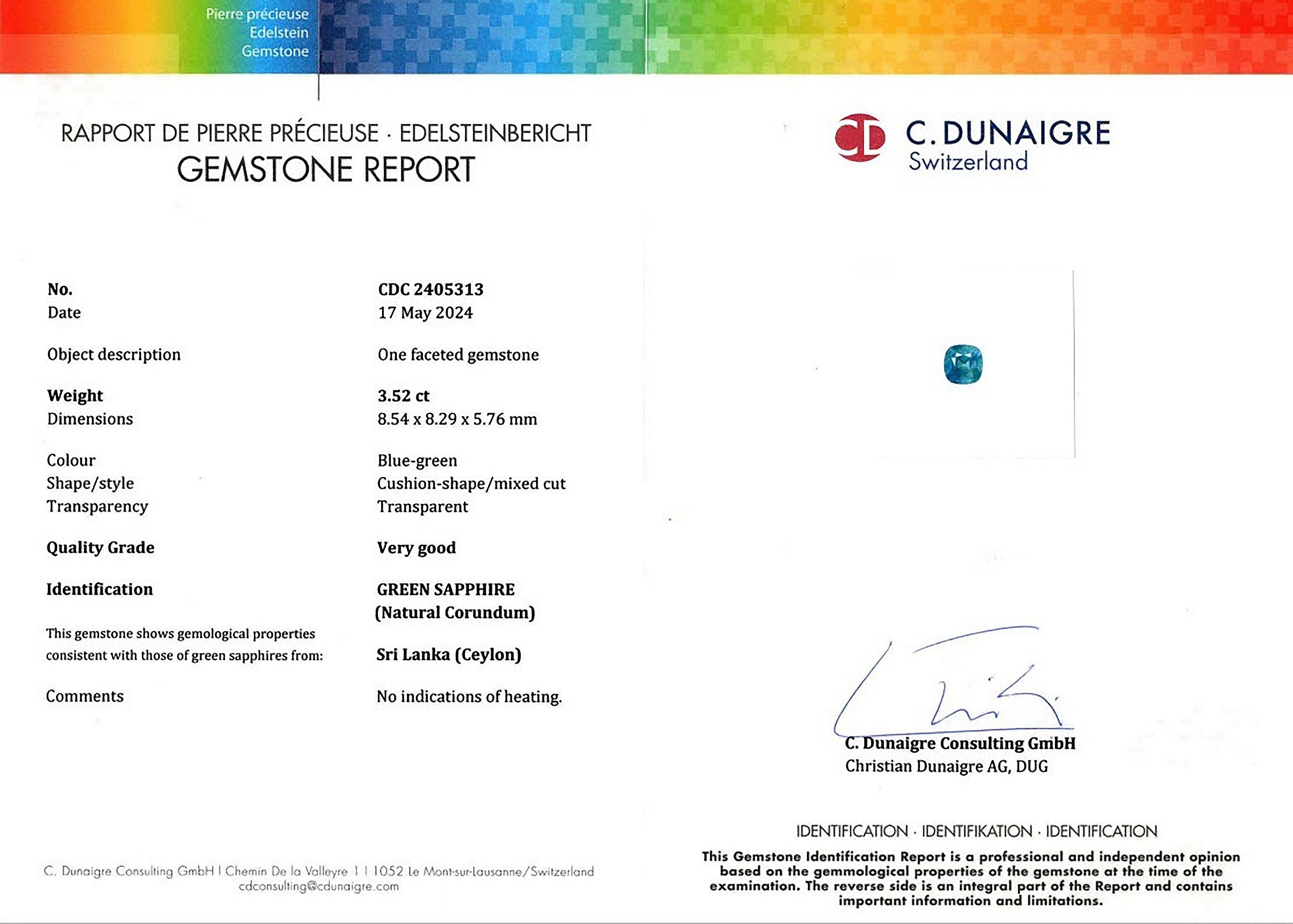 3.52 Ct. Bluish Green Sapphire from Ceylon (Sri Lanka)