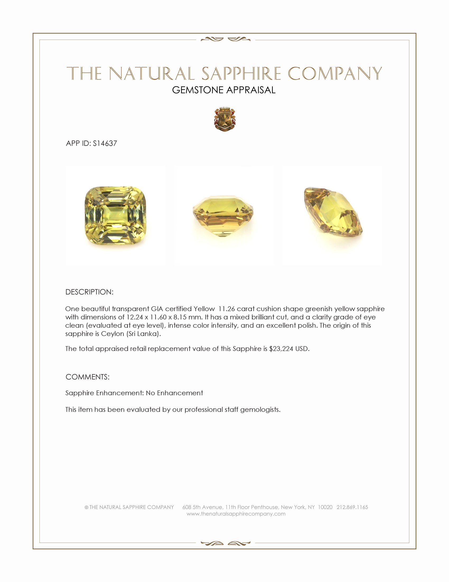 11.26 Ct. Greenish Yellow Sapphire from Ceylon (Sri Lanka)