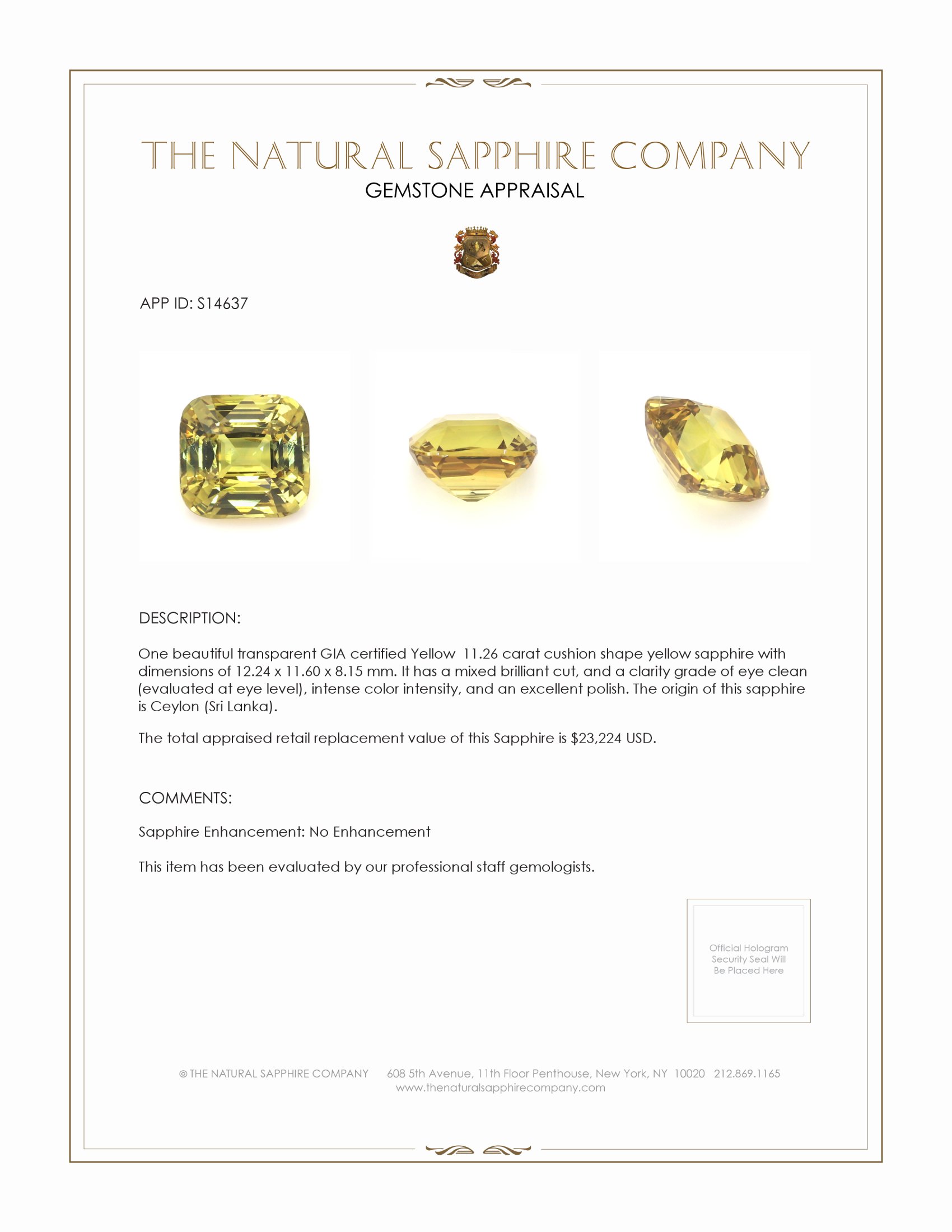 11.26 Ct. Yellow Sapphire from Ceylon (Sri Lanka)
