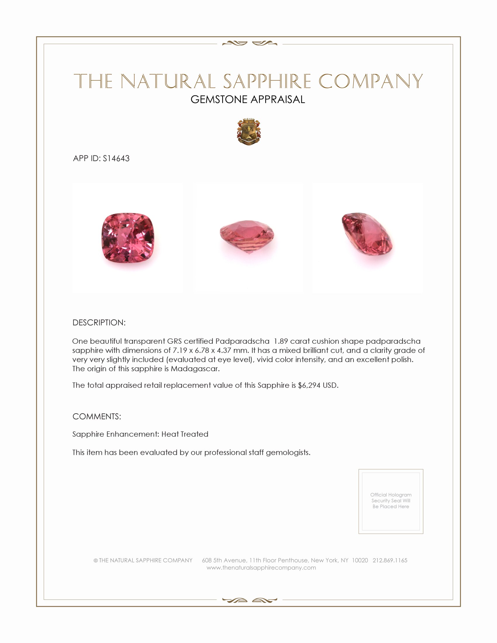 1.89 Ct. Padparadscha Sapphire from Madagascar