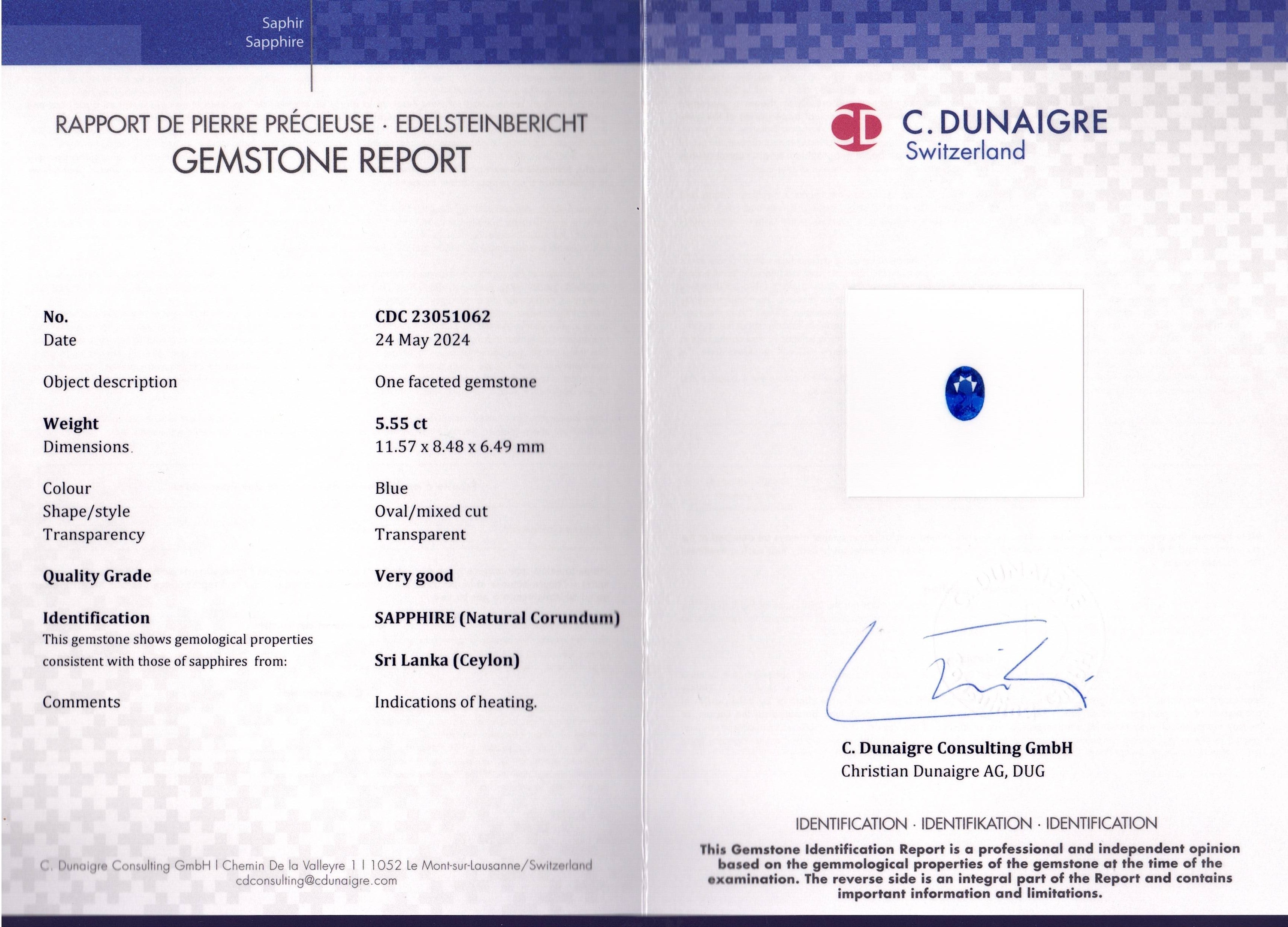 5.55 Ct. Blue Sapphire from Ceylon (Sri Lanka)