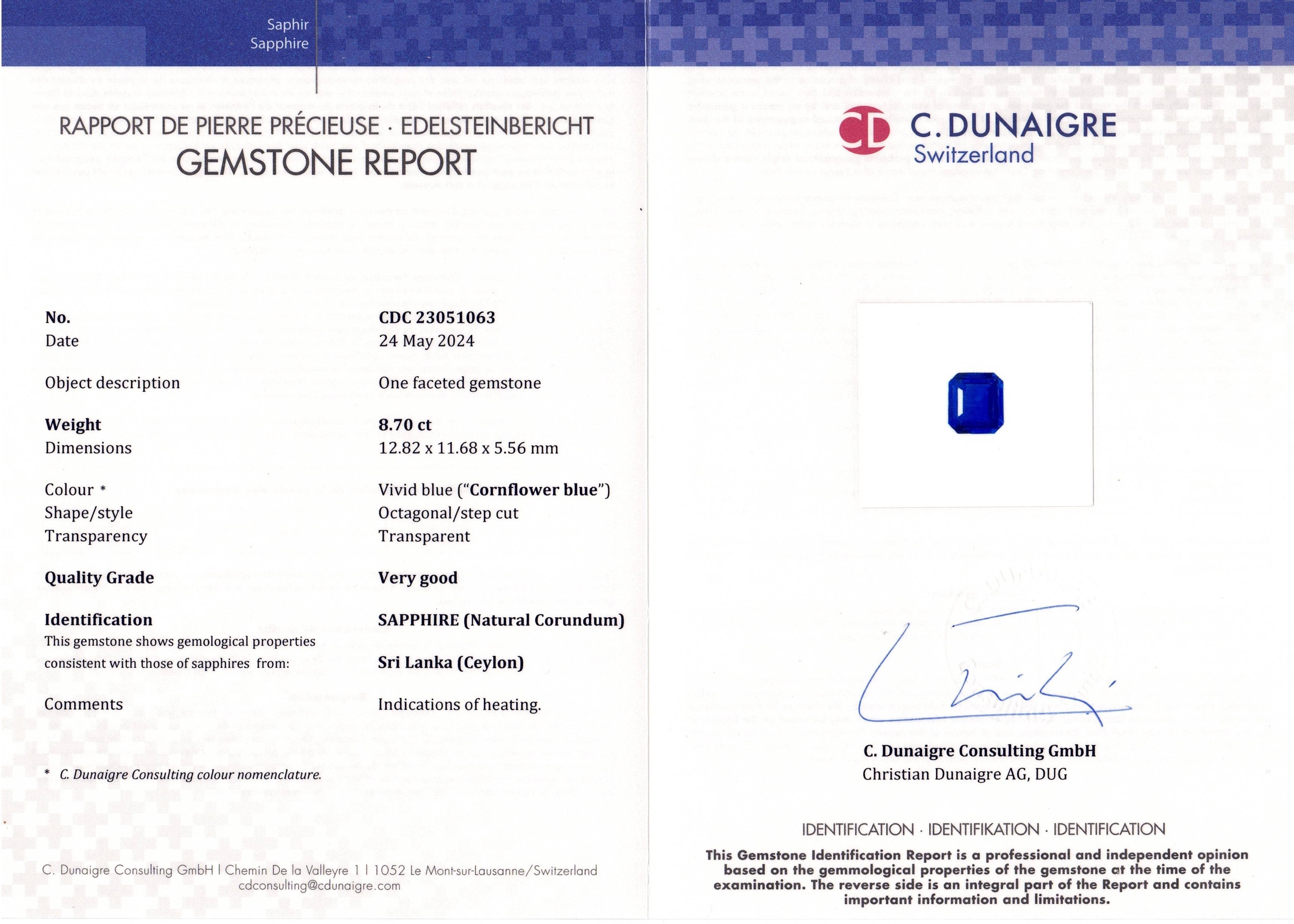 8.70 Ct. Blue Sapphire from Ceylon (Sri Lanka)