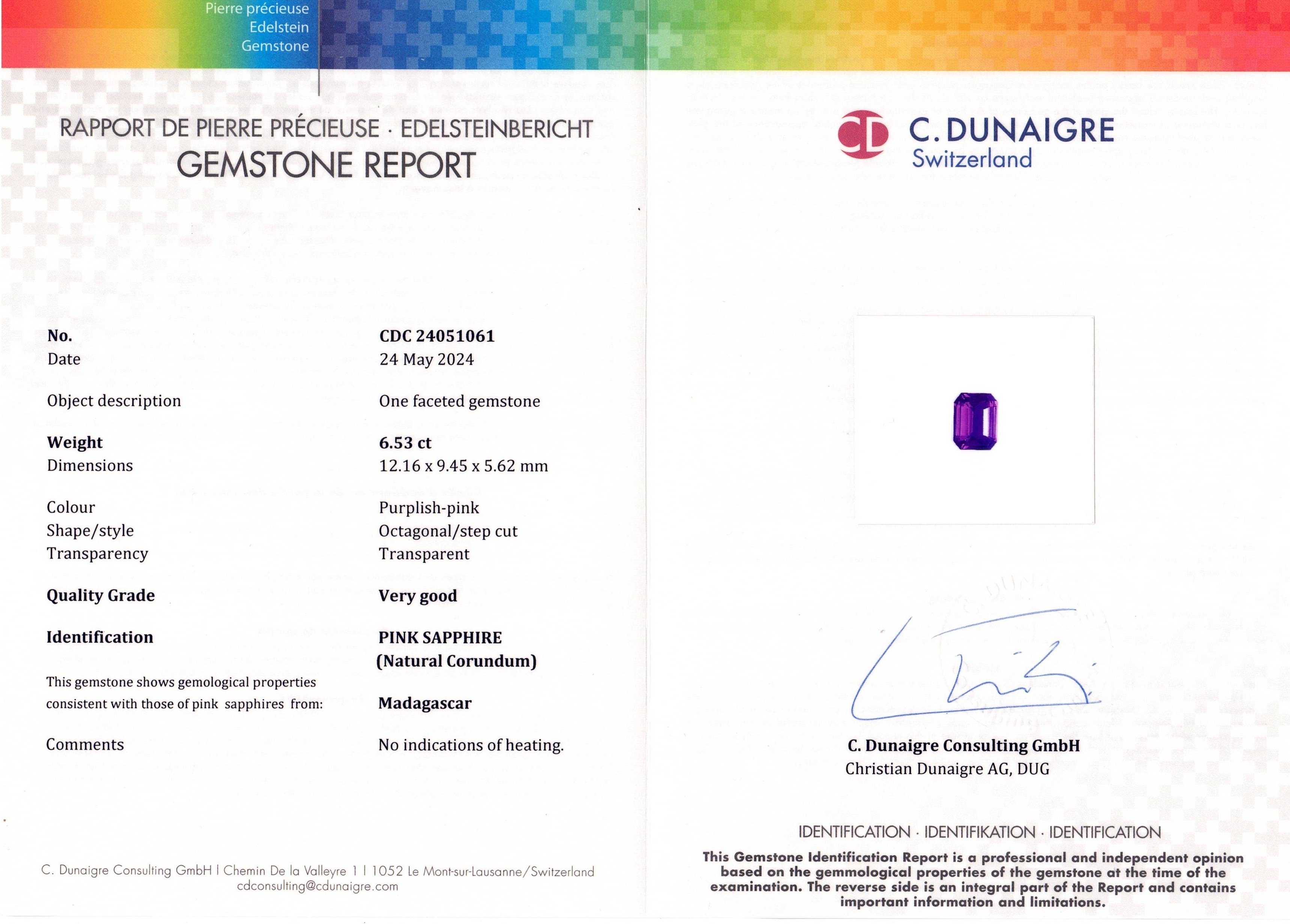 6.53 Ct. Purplish Pink Sapphire from Madagascar