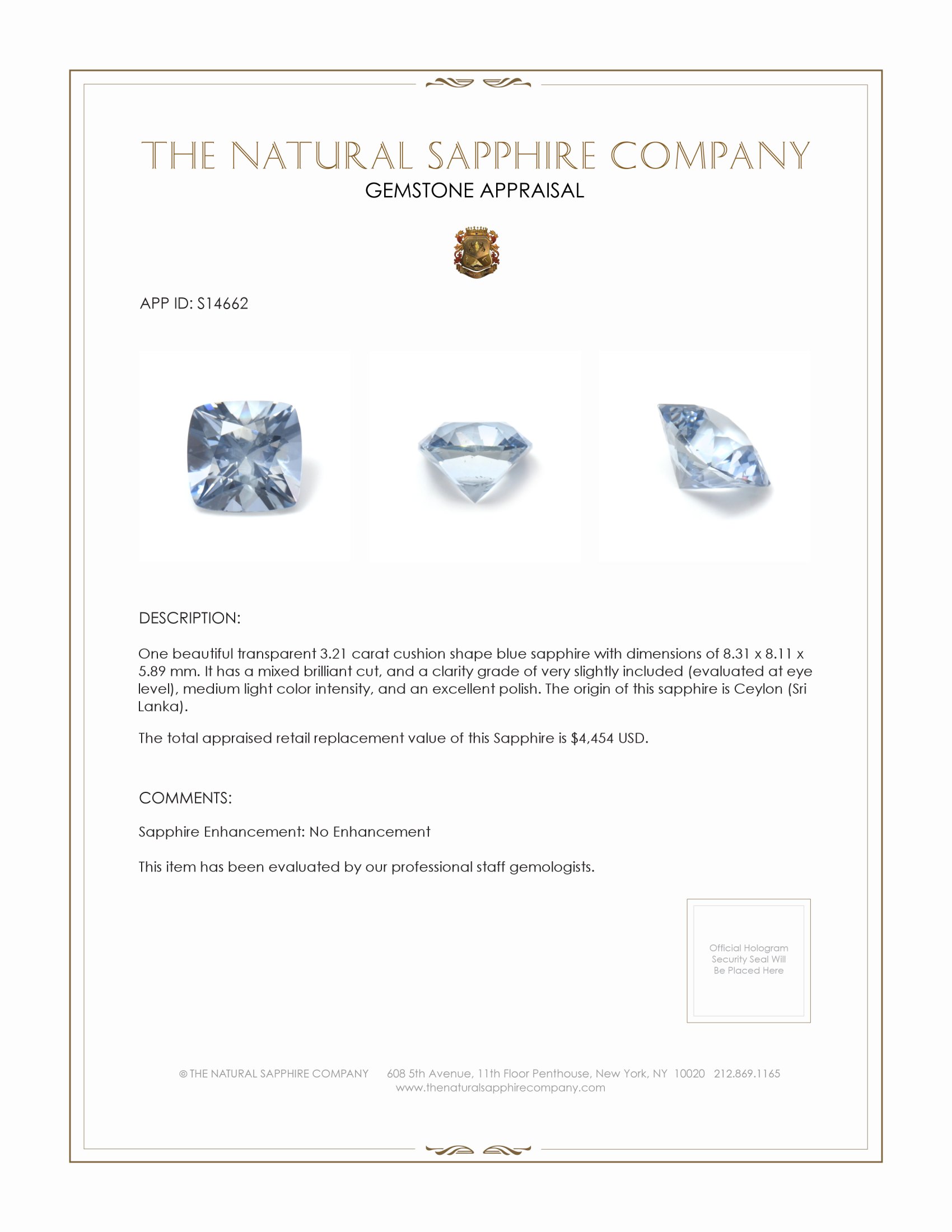 3.21 Ct. Blue Sapphire from Ceylon (Sri Lanka)