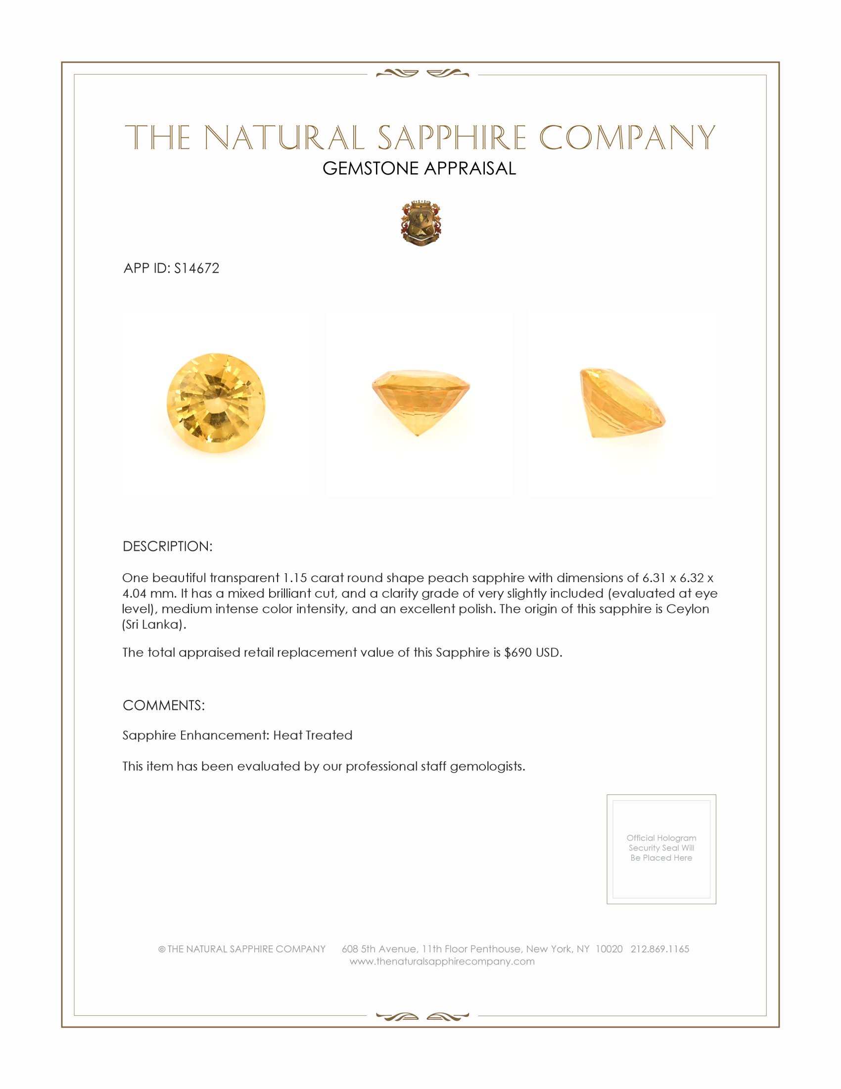 1.15 Ct. Peach Sapphire from Ceylon (Sri Lanka)