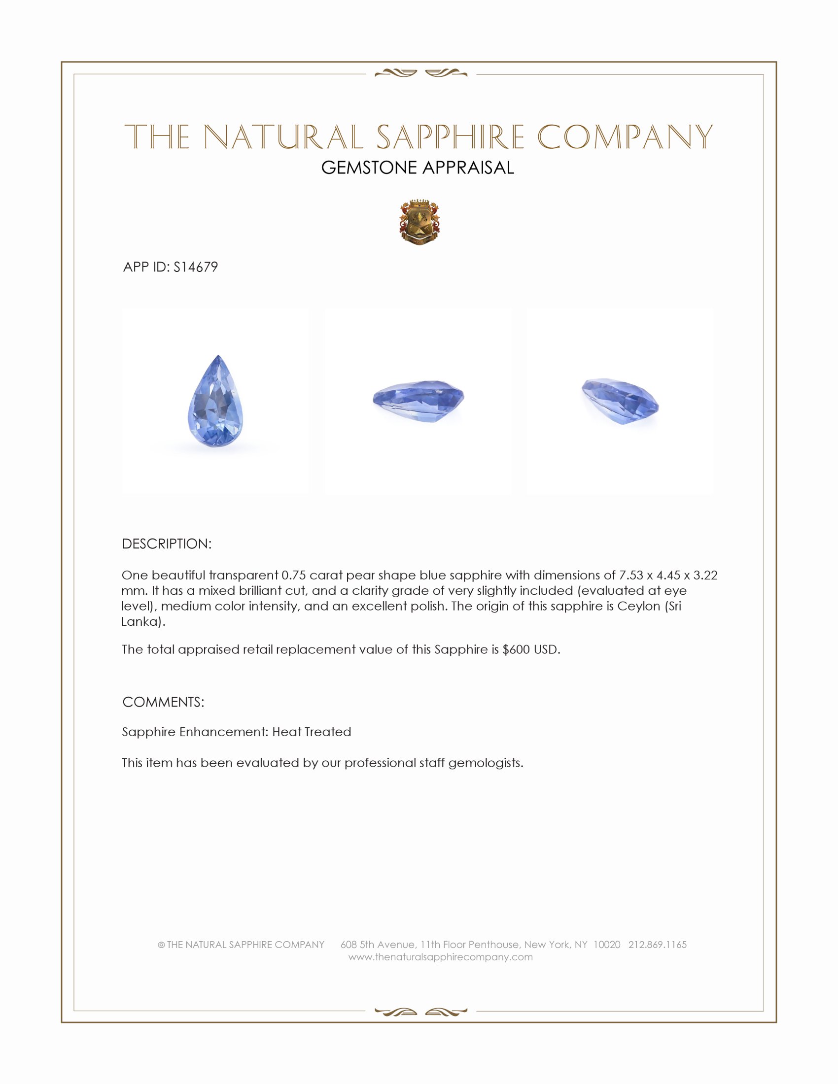 0.75 Ct. Blue Sapphire from Ceylon (Sri Lanka)