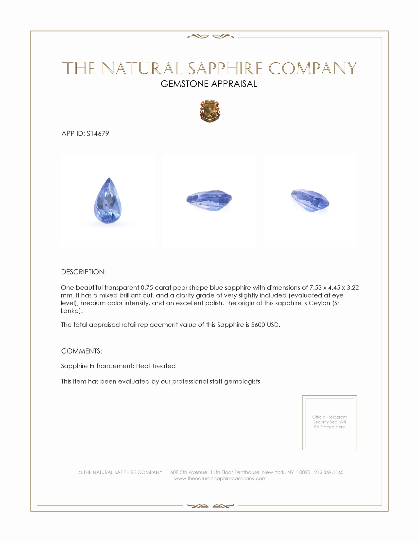 0.75 Ct. Blue Sapphire from Ceylon (Sri Lanka)