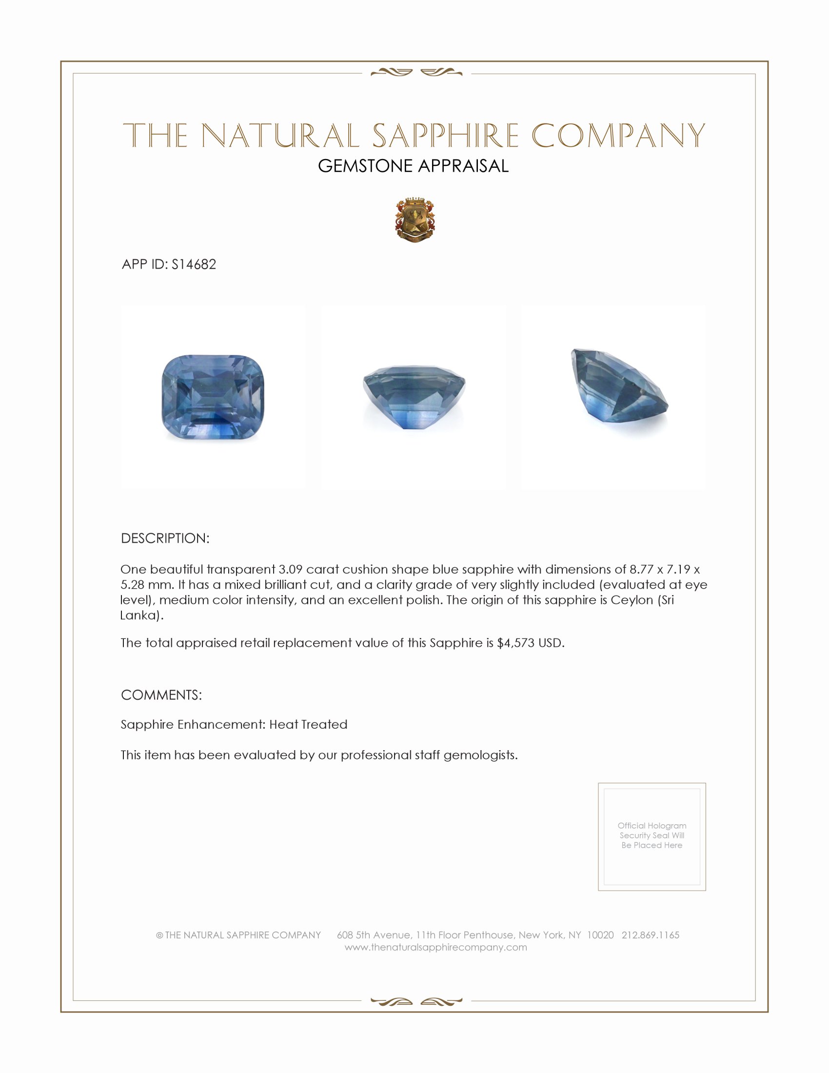 3.09 Ct. Blue Sapphire from Ceylon (Sri Lanka)