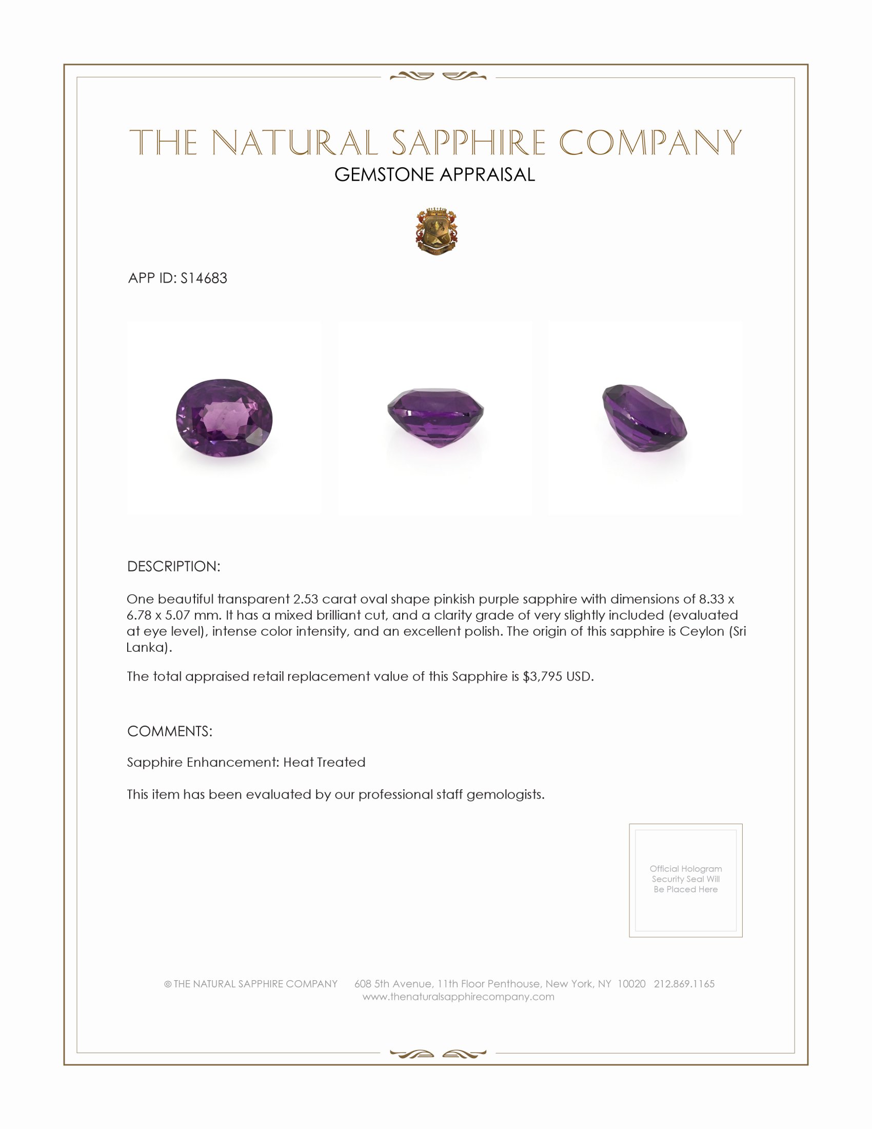 2.53 Ct. Pinkish Purple Sapphire from Ceylon (Sri Lanka)