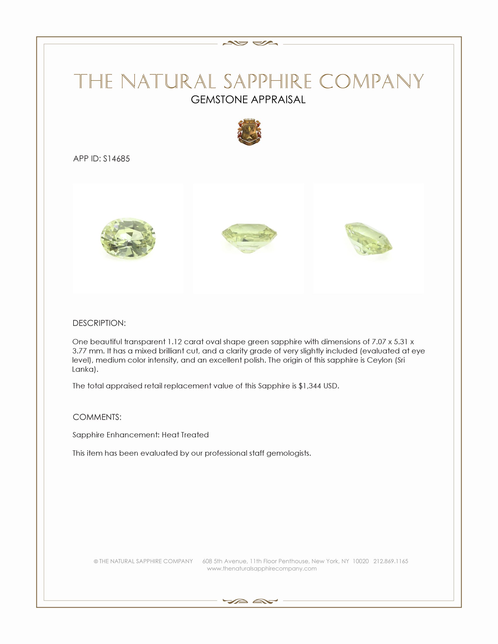 1.12 Ct. Green Sapphire from Ceylon (Sri Lanka)