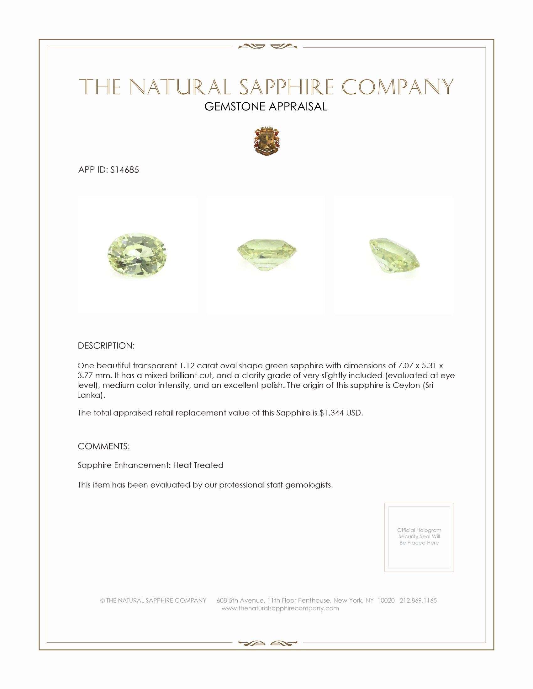 1.12 Ct. Green Sapphire from Ceylon (Sri Lanka)