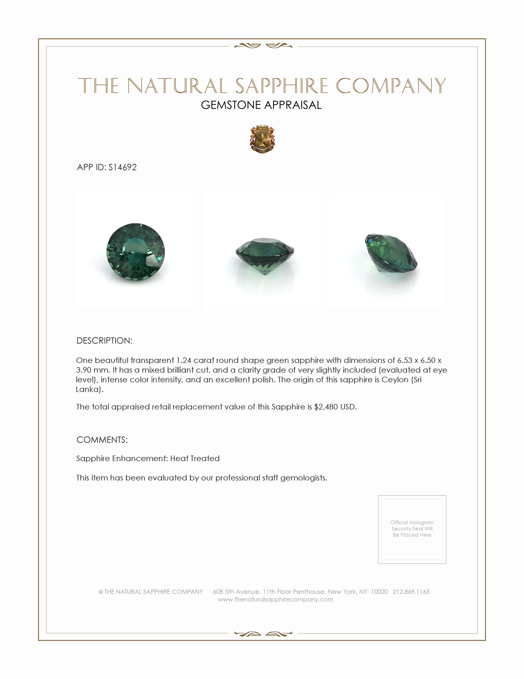 1.24 Ct. Green Sapphire from Ceylon (Sri Lanka)