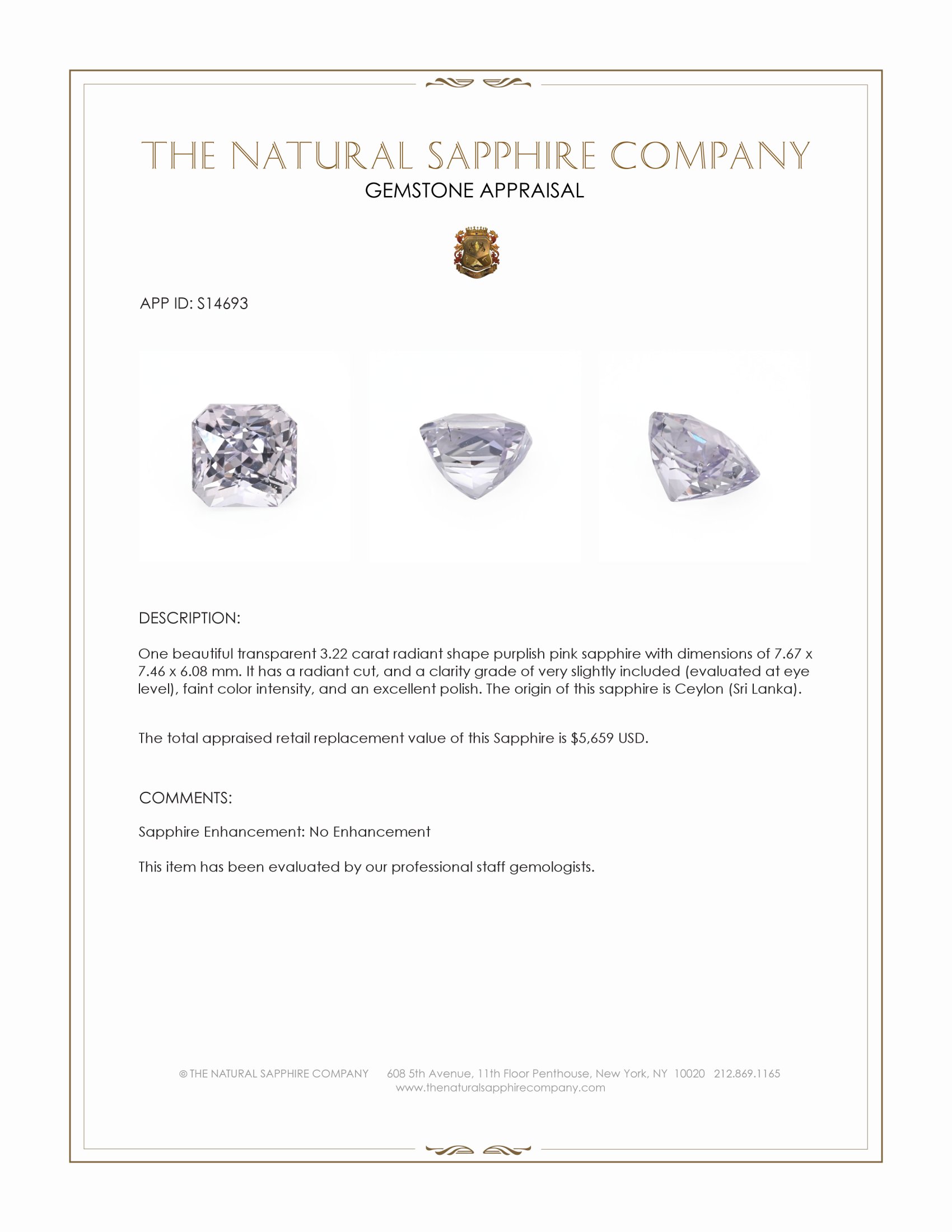 3.22 Ct. Purplish Pink Sapphire from Ceylon (Sri Lanka)