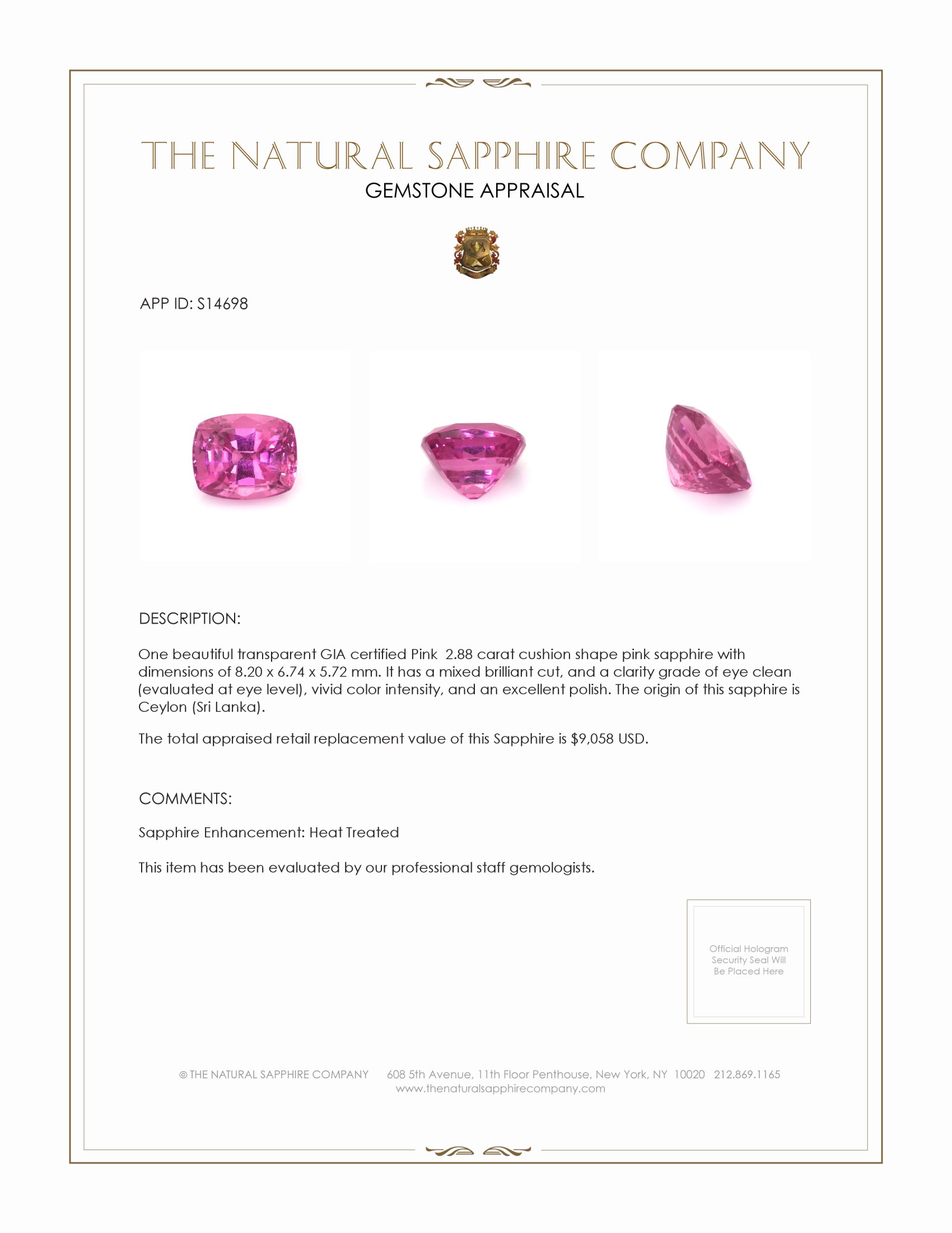 2.88 Ct. Pink Sapphire from Ceylon (Sri Lanka)